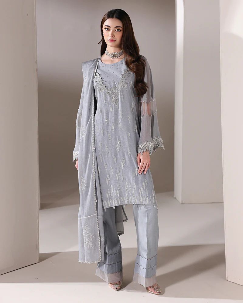 Starstruck by Ain – Silver Zari Chiffon 3pc Dress with Diamante Palazzo SBA2