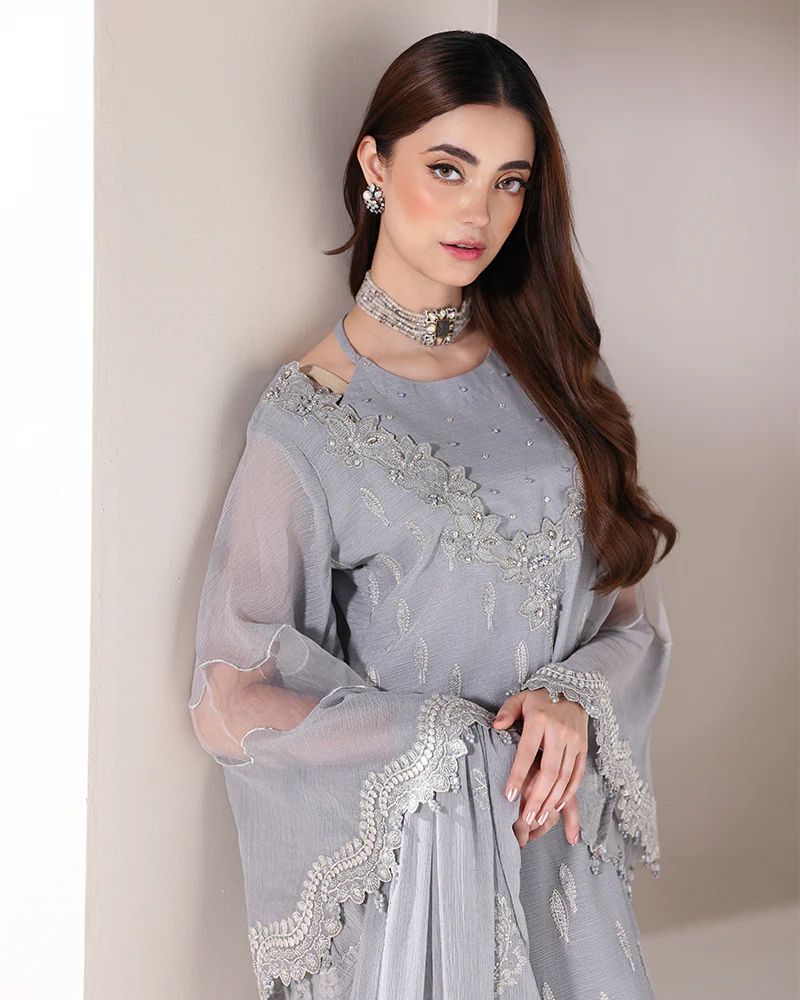 Starstruck by Ain – Silver Zari Chiffon 3pc Dress with Diamante Palazzo SBA2