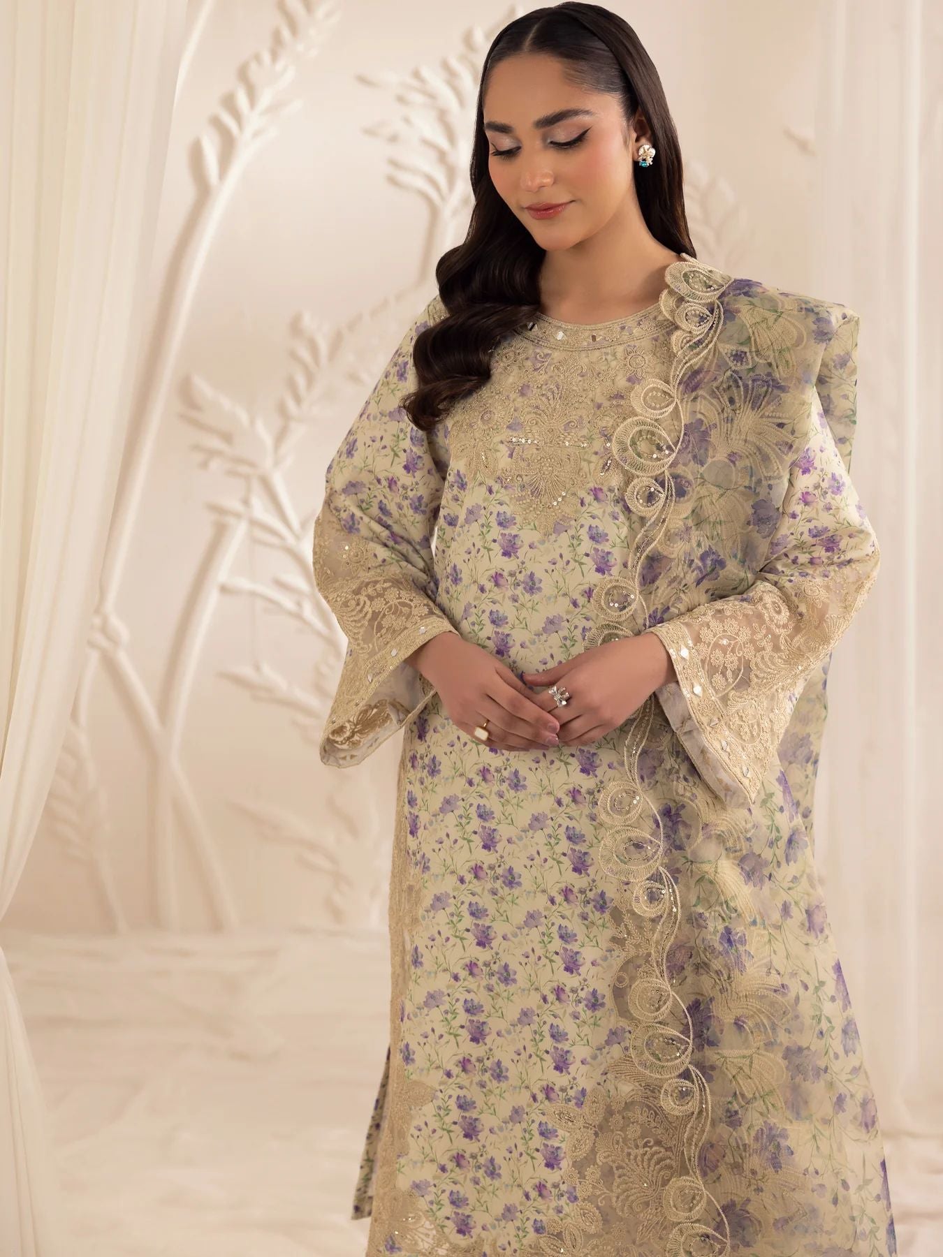 Muse06 – Golden Lilac | 3pc Silk Lawn Embroidered Summer Suit with Printed Dupatta by Mohagni