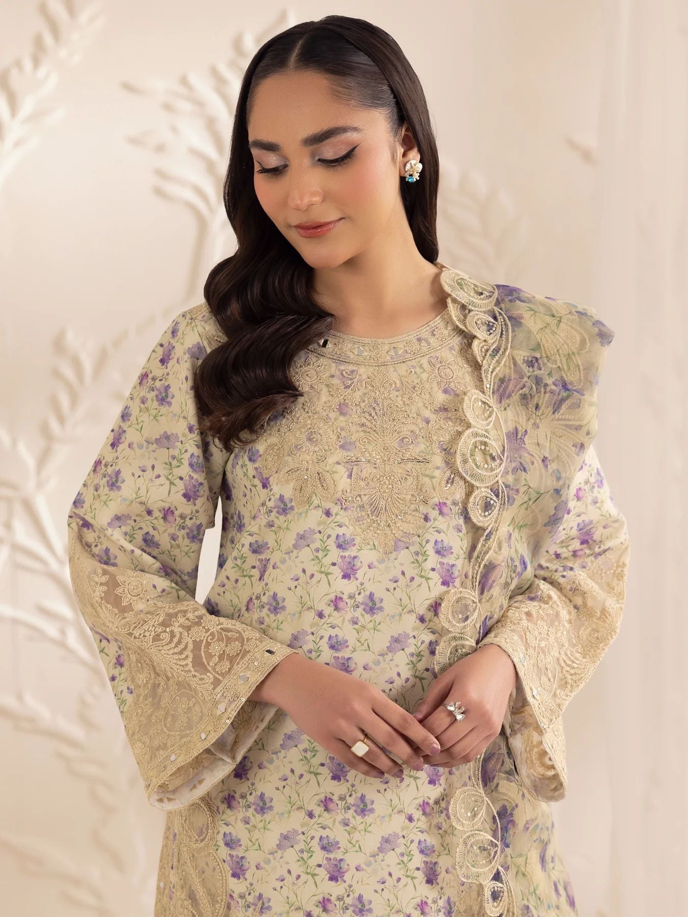 Muse06 – Golden Lilac | 3pc Silk Lawn Embroidered Summer Suit with Printed Dupatta by Mohagni