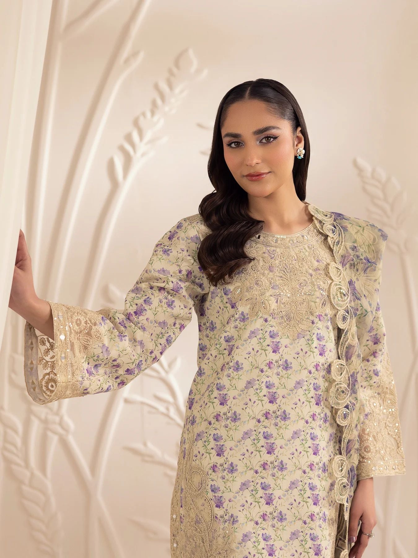 Muse06 – Golden Lilac | 3pc Silk Lawn Embroidered Summer Suit with Printed Dupatta by Mohagni