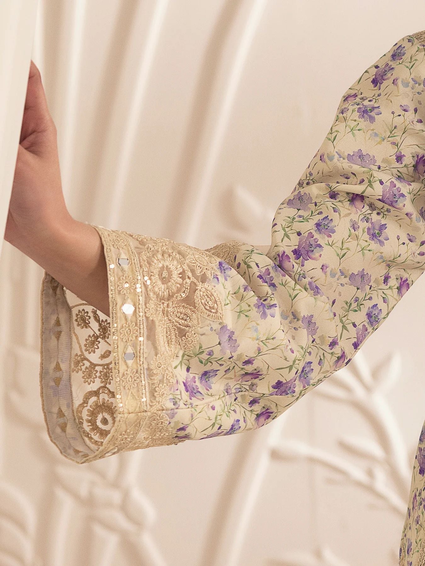 Muse06 – Golden Lilac | 3pc Silk Lawn Embroidered Summer Suit with Printed Dupatta by Mohagni