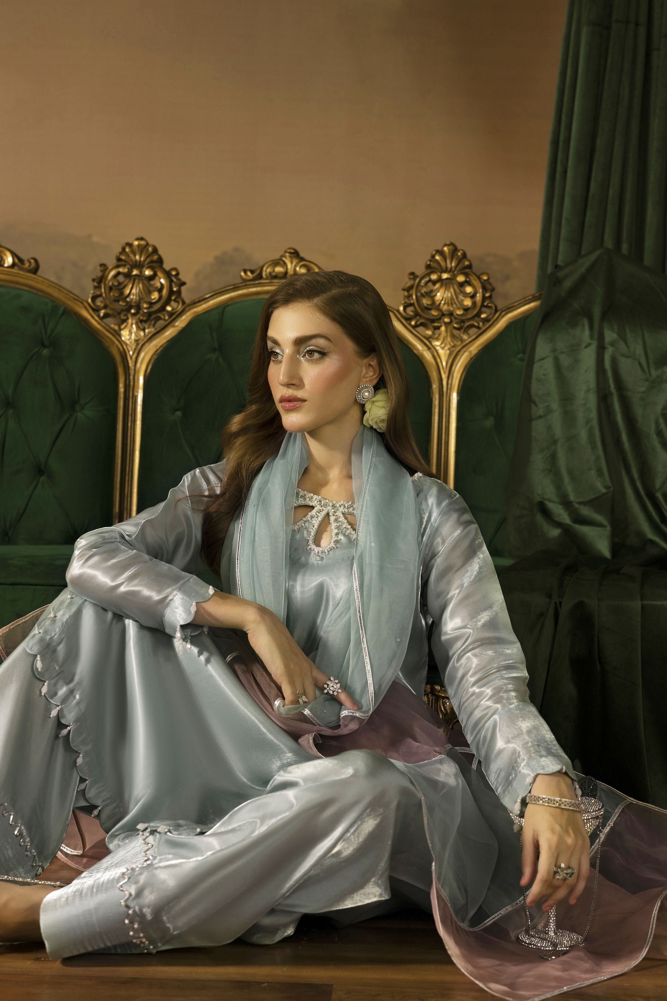 Crystal Pearl Embellished Silk Farshi Set - Farshi Bahaar by Mona FBM1