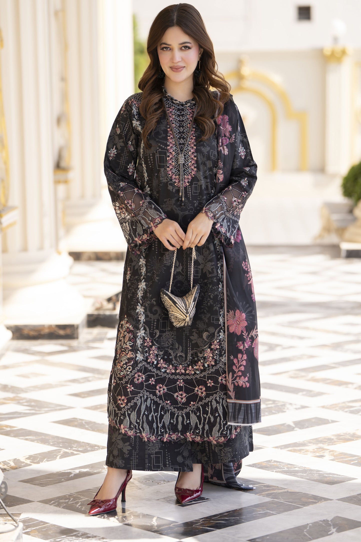 Khushi by Silver Black – 3pc Embroidered Cotton Long Dress KBS14