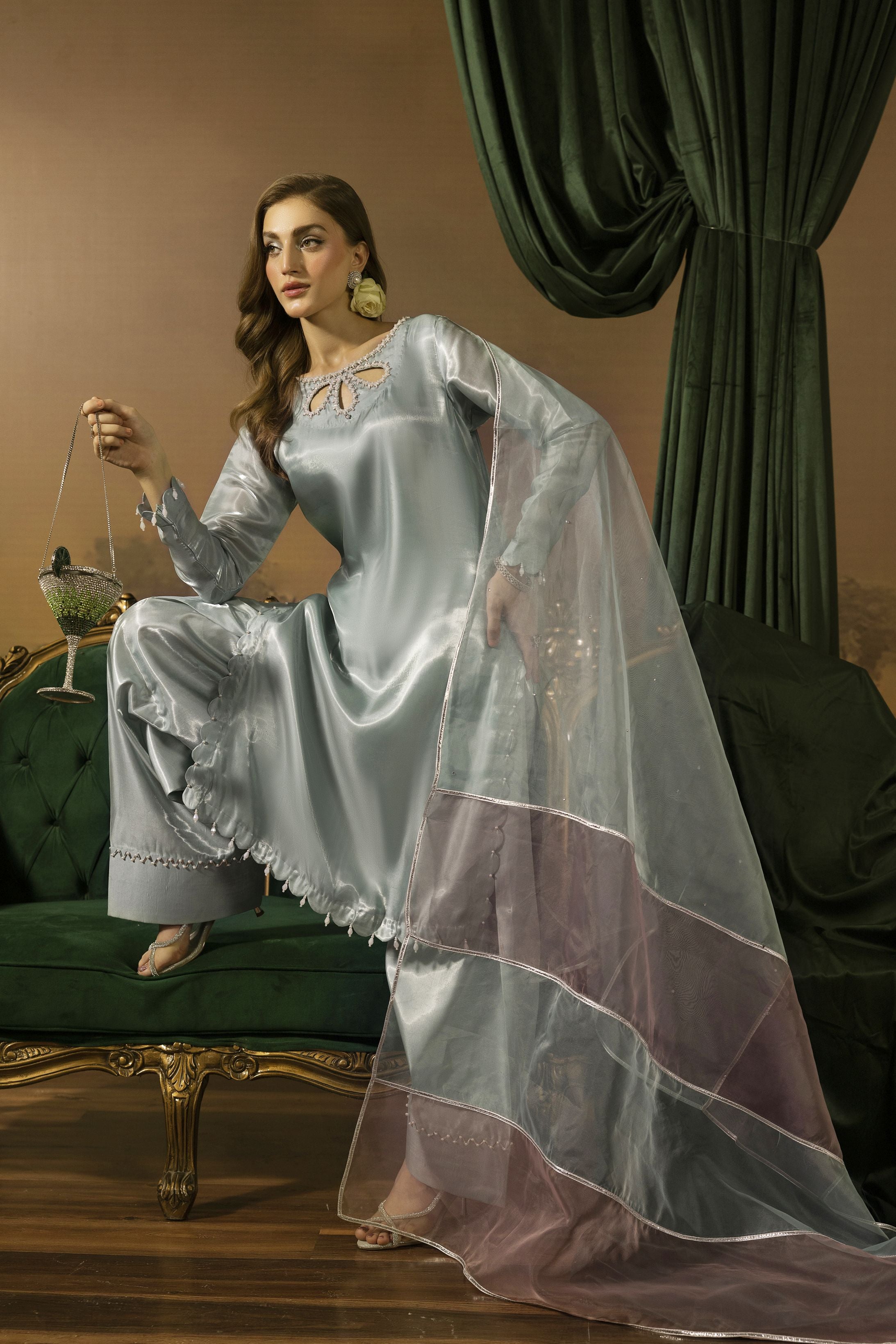 Crystal Pearl Embellished Silk Farshi Set - Farshi Bahaar by Mona FBM1