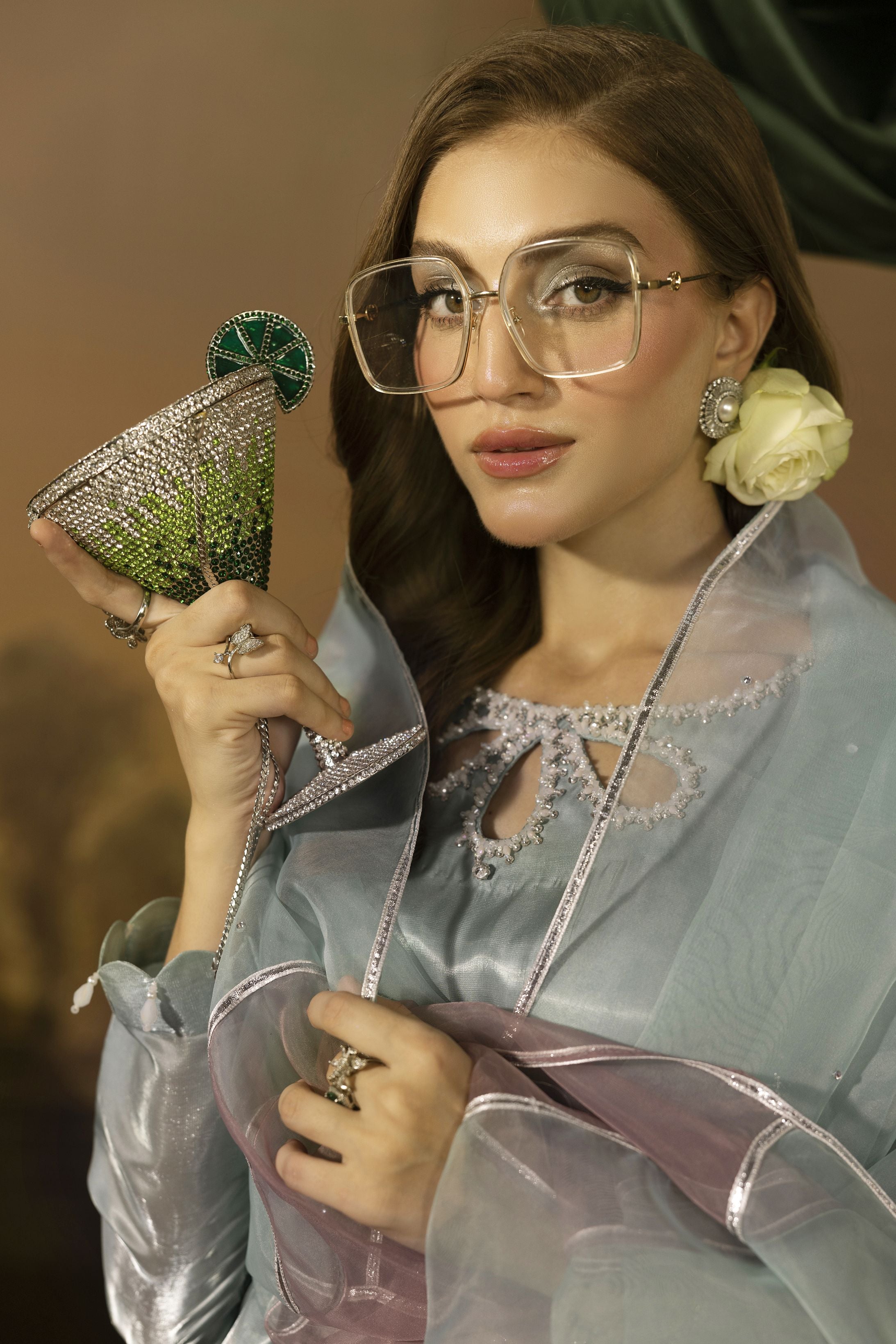 Crystal Pearl Embellished Silk Farshi Set - Farshi Bahaar by Mona FBM1