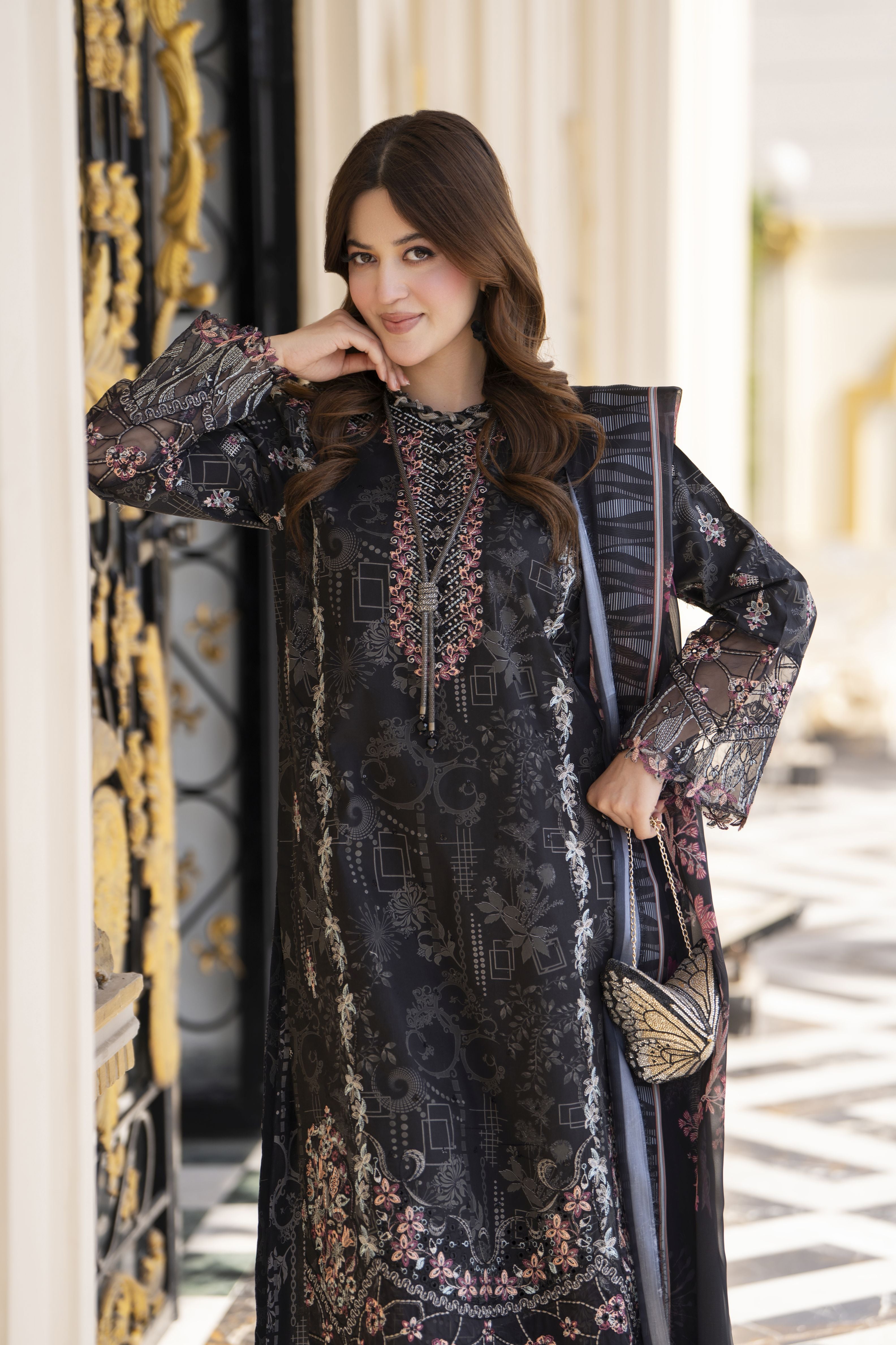 Khushi by Silver Black – 3pc Embroidered Cotton Long Dress KBS14