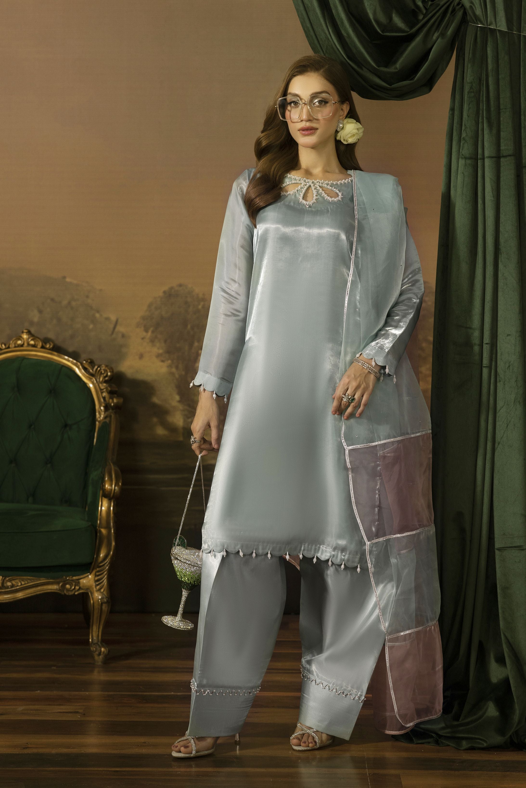 Crystal Pearl Embellished Silk Farshi Set - Farshi Bahaar by Mona FBM1