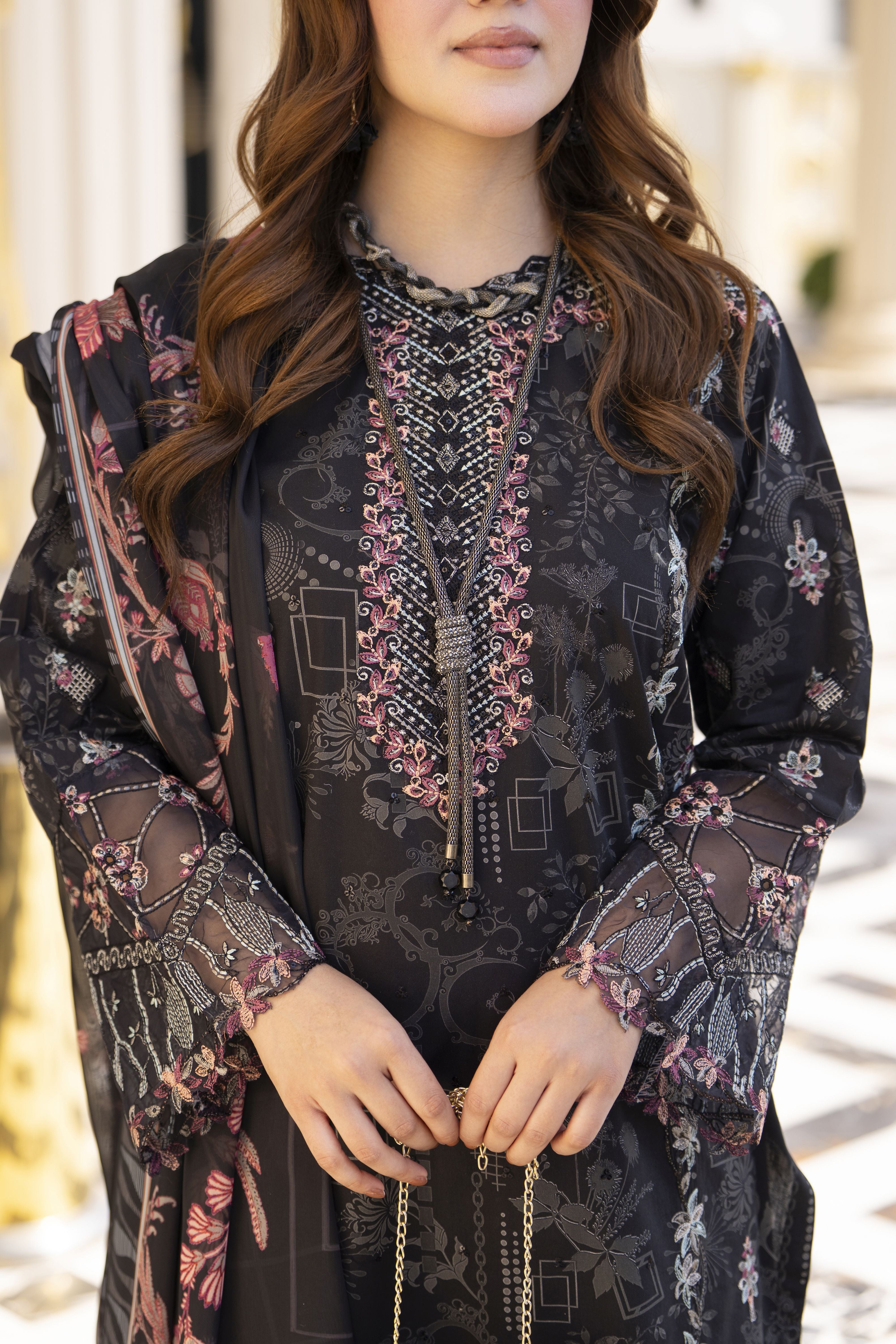 Khushi by Silver Black – 3pc Embroidered Cotton Long Dress KBS14