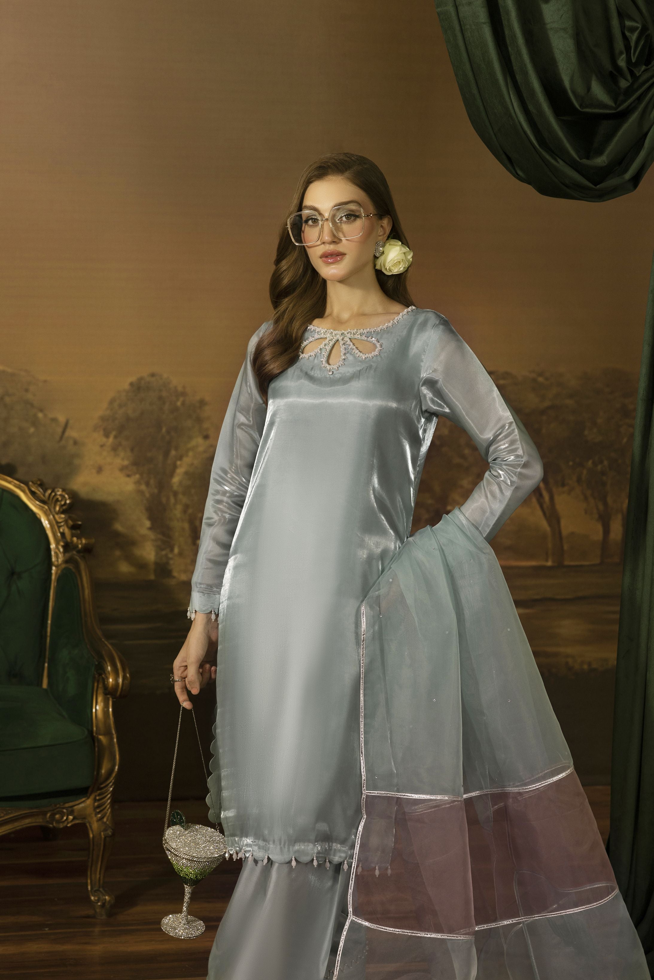 Crystal Pearl Embellished Silk Farshi Set - Farshi Bahaar by Mona FBM1