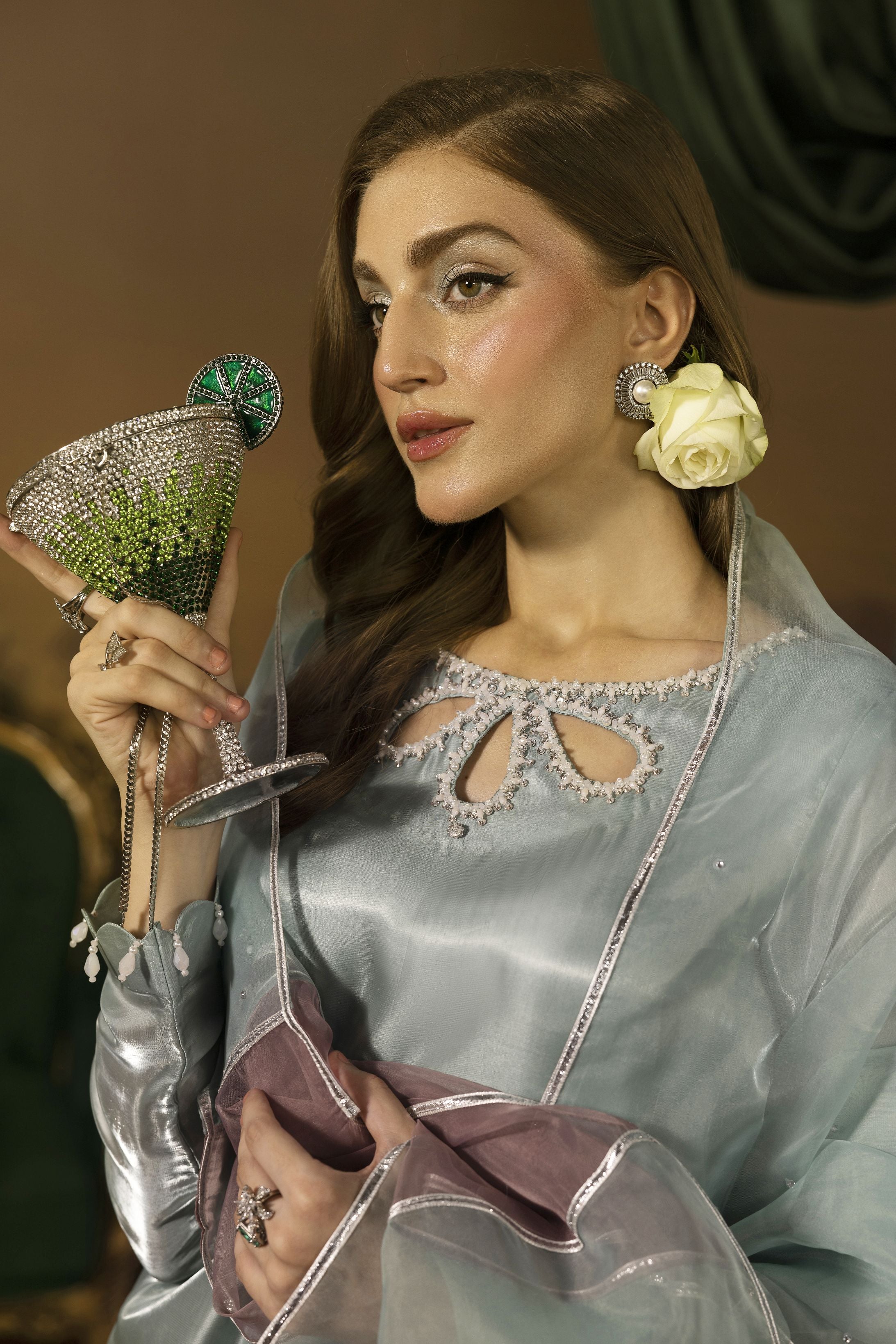 Crystal Pearl Embellished Silk Farshi Set - Farshi Bahaar by Mona FBM1