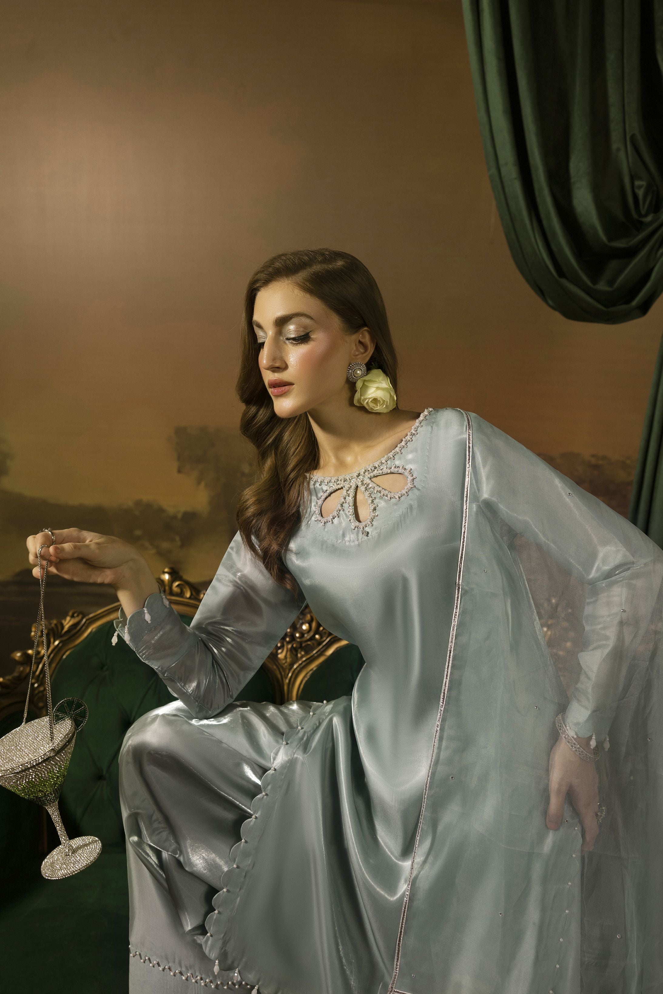 Crystal Pearl Embellished Silk Farshi Set - Farshi Bahaar by Mona FBM1