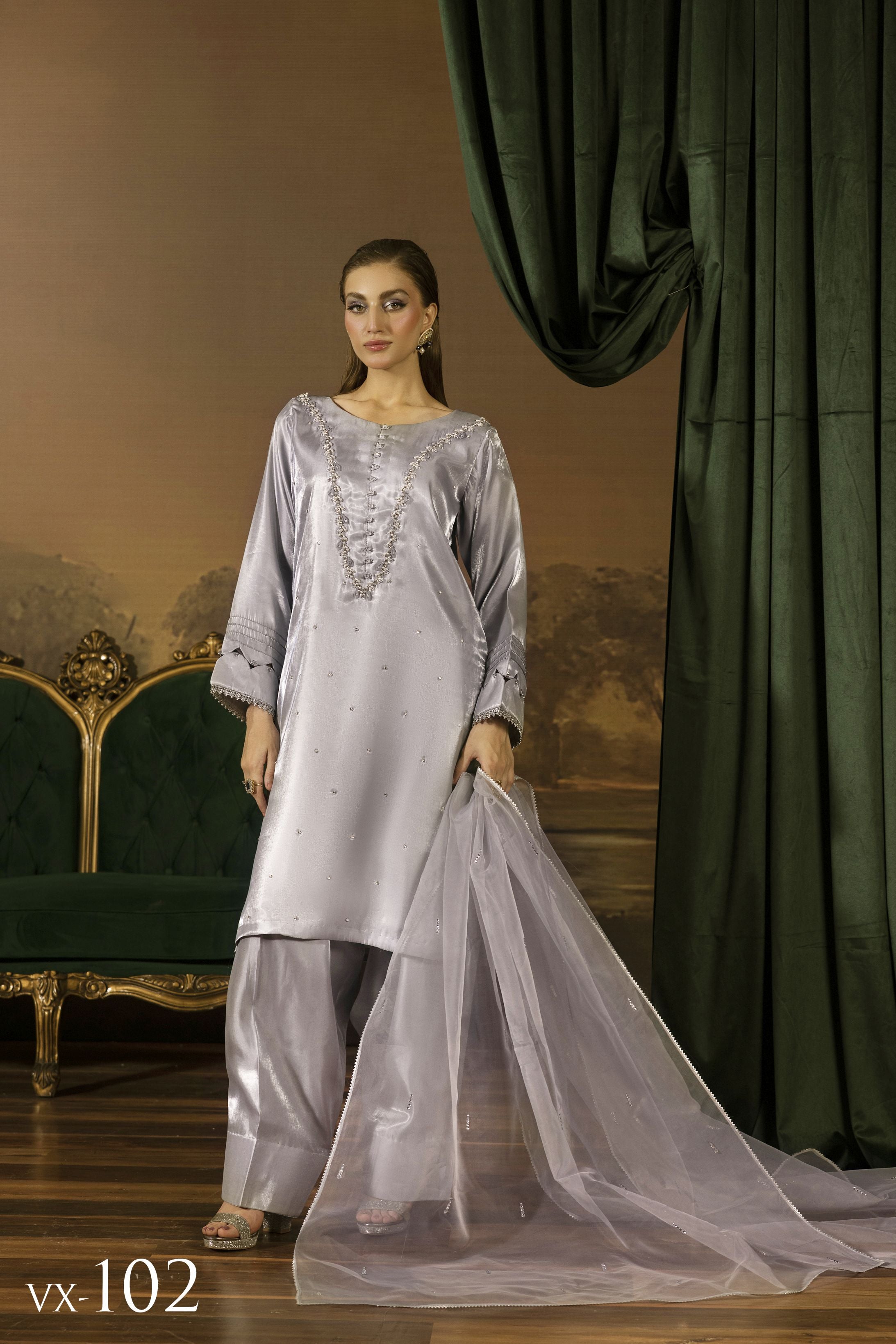 Silver Grey Embellished Silk Farshi Shalwar Suit - Farshi Bahaar by Mona FBM4