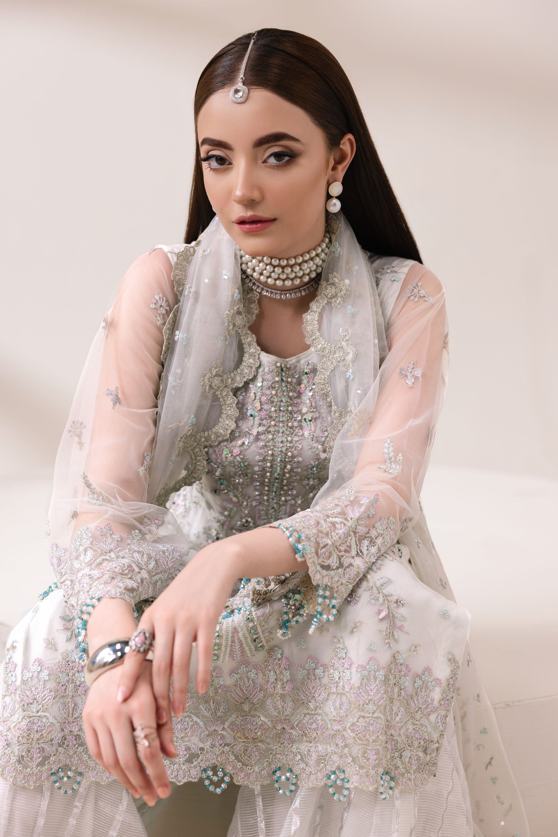 Ivory Embellished Net Shirt with Shararah & Dupatta | Rasm by Mona – MKR2