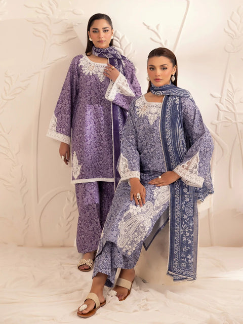 Muse07 – Purple Grace | 3pc Printed Silk Lawn Suit with Zari Monar Dupatta by Mohagni