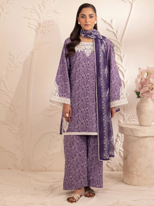 Muse07 – Purple Grace | 3pc Printed Silk Lawn Suit with Zari Monar Dupatta by Mohagni