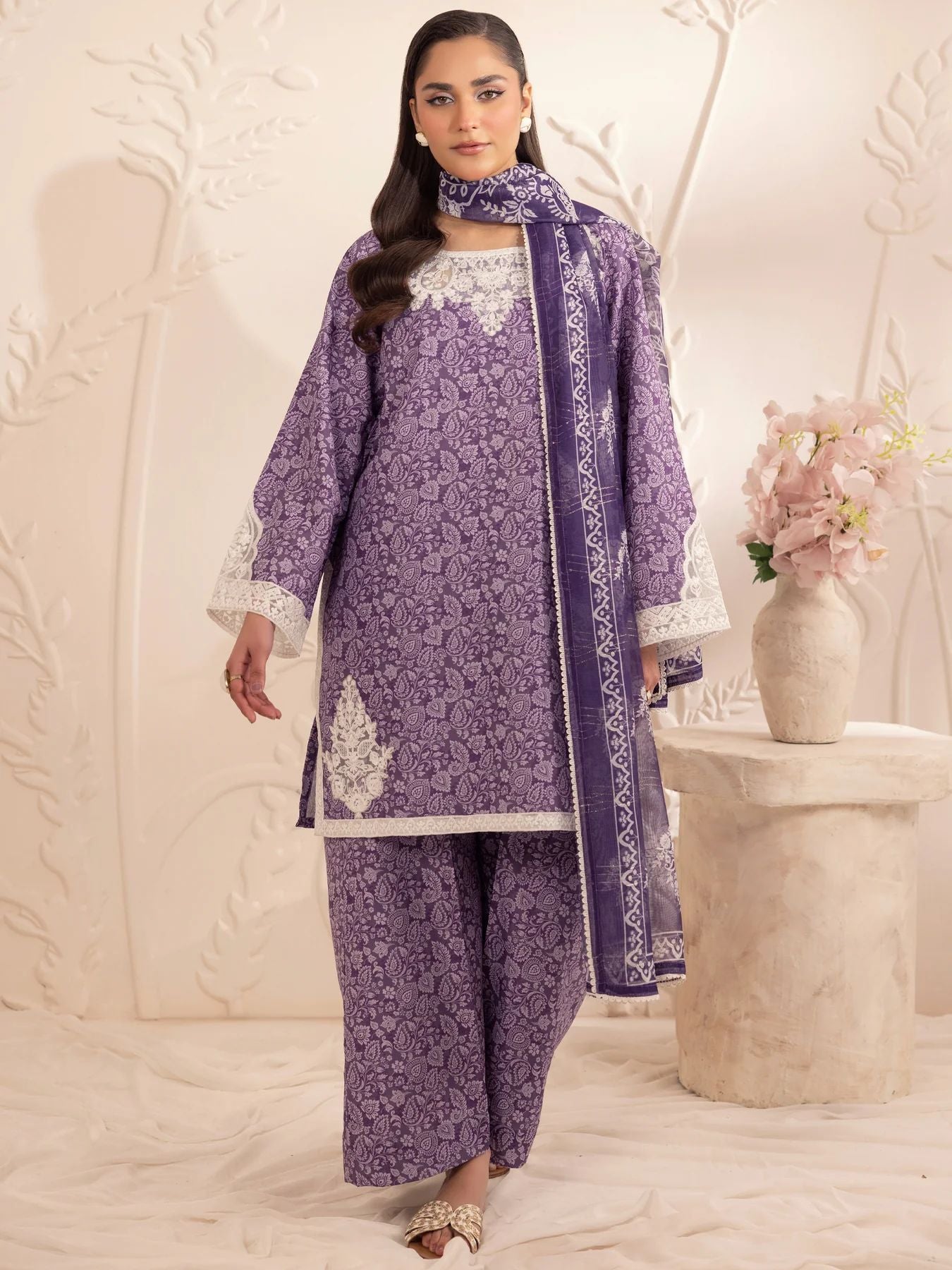 Muse07 – Purple Grace | 3pc Printed Silk Lawn Suit with Zari Monar Dupatta by Mohagni