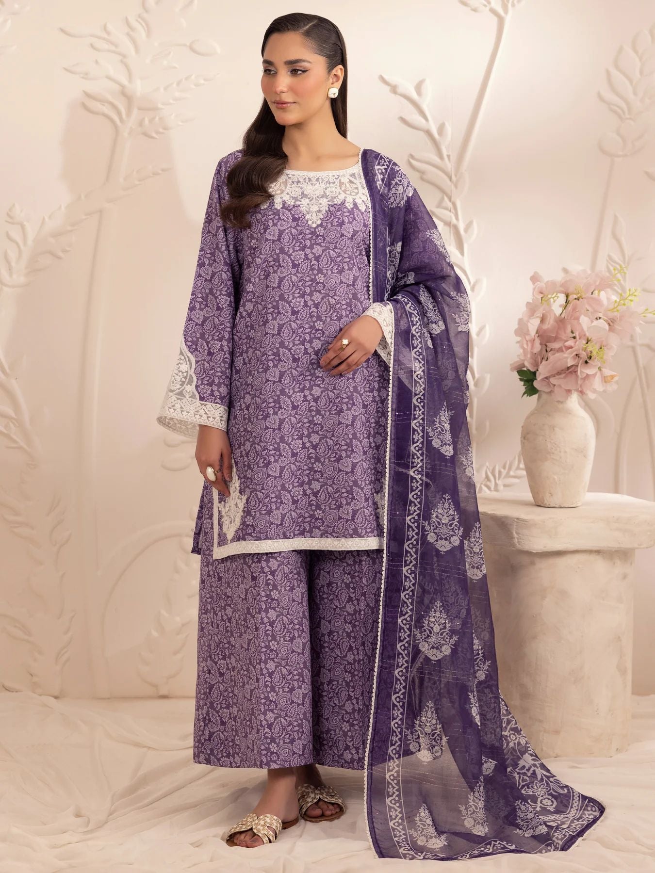 Muse07 – Purple Grace | 3pc Printed Silk Lawn Suit with Zari Monar Dupatta by Mohagni