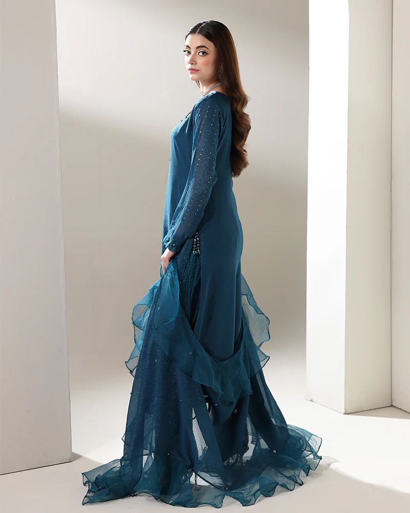 Starstruck by Ain – Teal Zari Chiffon 3pc Dress with Palazzo SBA1