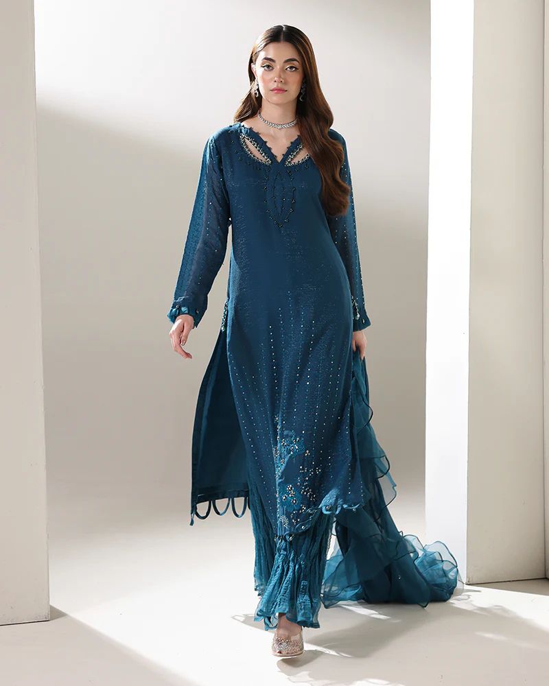 Starstruck by Ain – Teal Zari Chiffon 3pc Dress with Palazzo SBA1