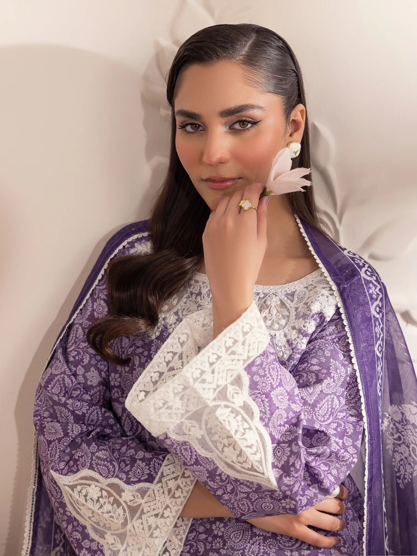 Muse07 – Purple Grace | 3pc Printed Silk Lawn Suit with Zari Monar Dupatta by Mohagni