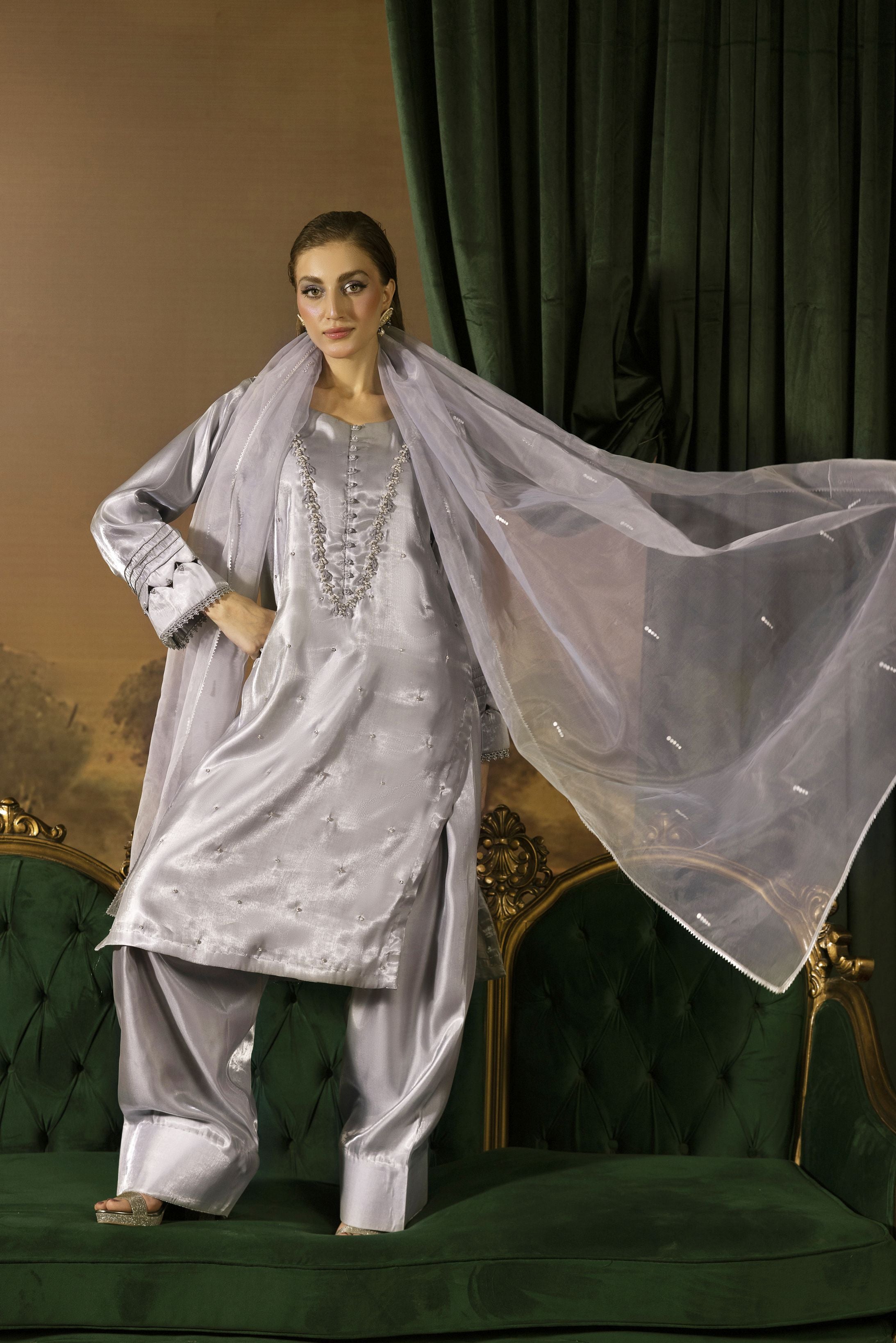 Silver Grey Embellished Silk Farshi Shalwar Suit - Farshi Bahaar by Mona FBM4