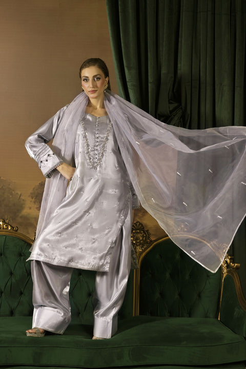Silver Grey Embellished Silk Farshi Shalwar Suit - Farshi Bahaar by Mona FBM4