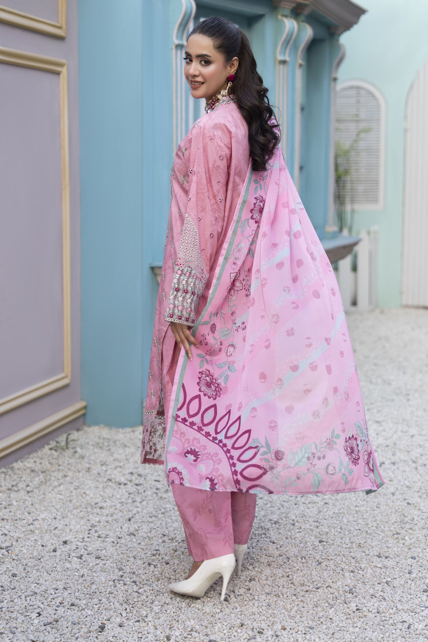 Khushi by Silver Pink – 3pc Embroidered Cotton Long Shirt Ready to Wear Suit KBS8