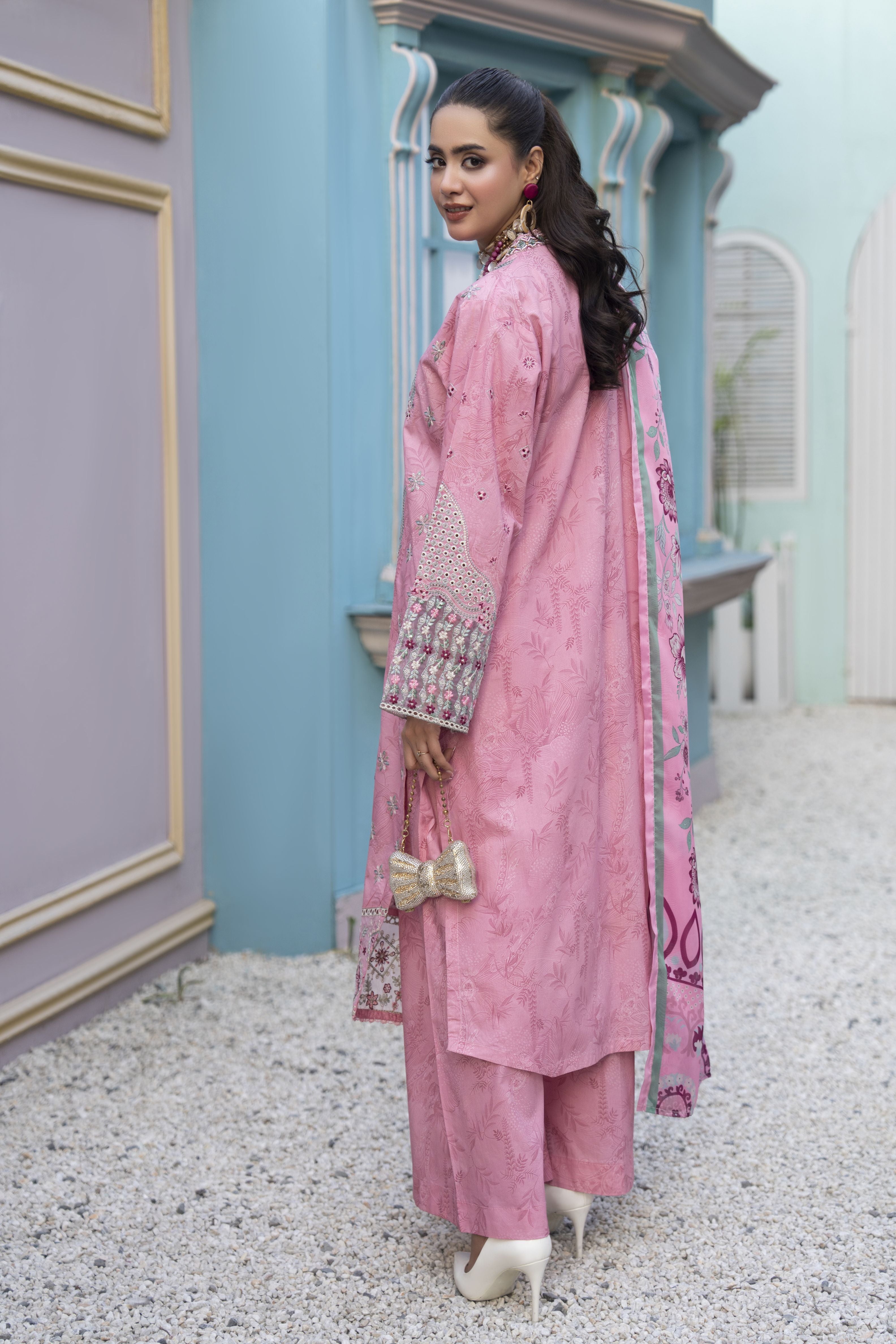 Khushi by Silver Pink – 3pc Embroidered Cotton Long Shirt Ready to Wear Suit KBS8