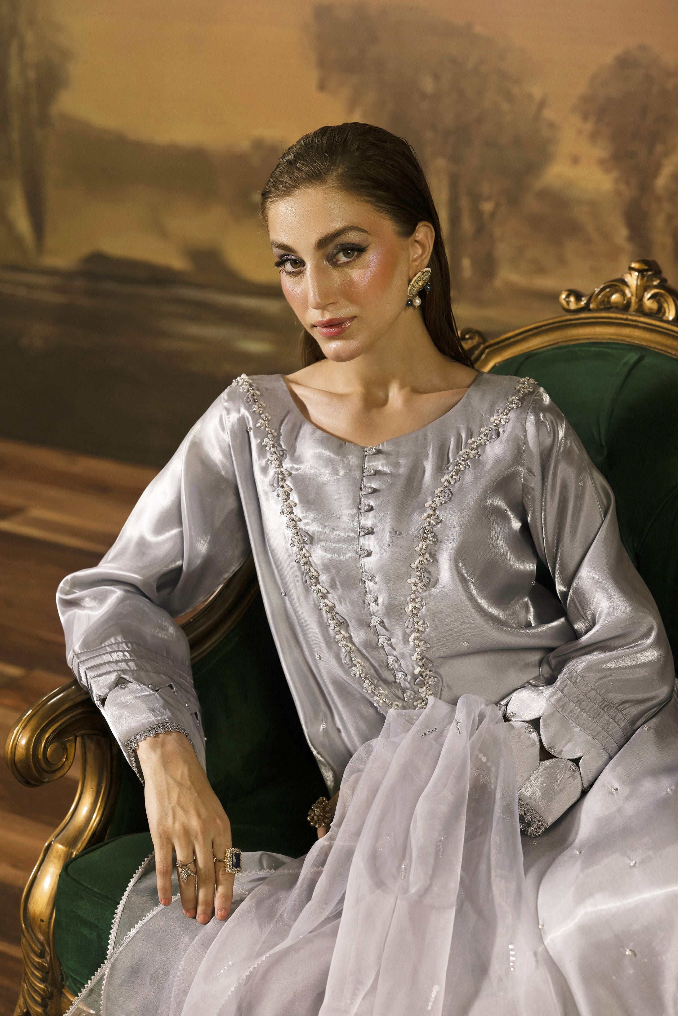 Silver Grey Embellished Silk Farshi Shalwar Suit - Farshi Bahaar by Mona FBM4