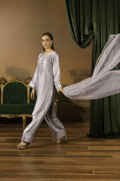 Silver Grey Embellished Silk Farshi Shalwar Suit - Farshi Bahaar by Mona FBM4