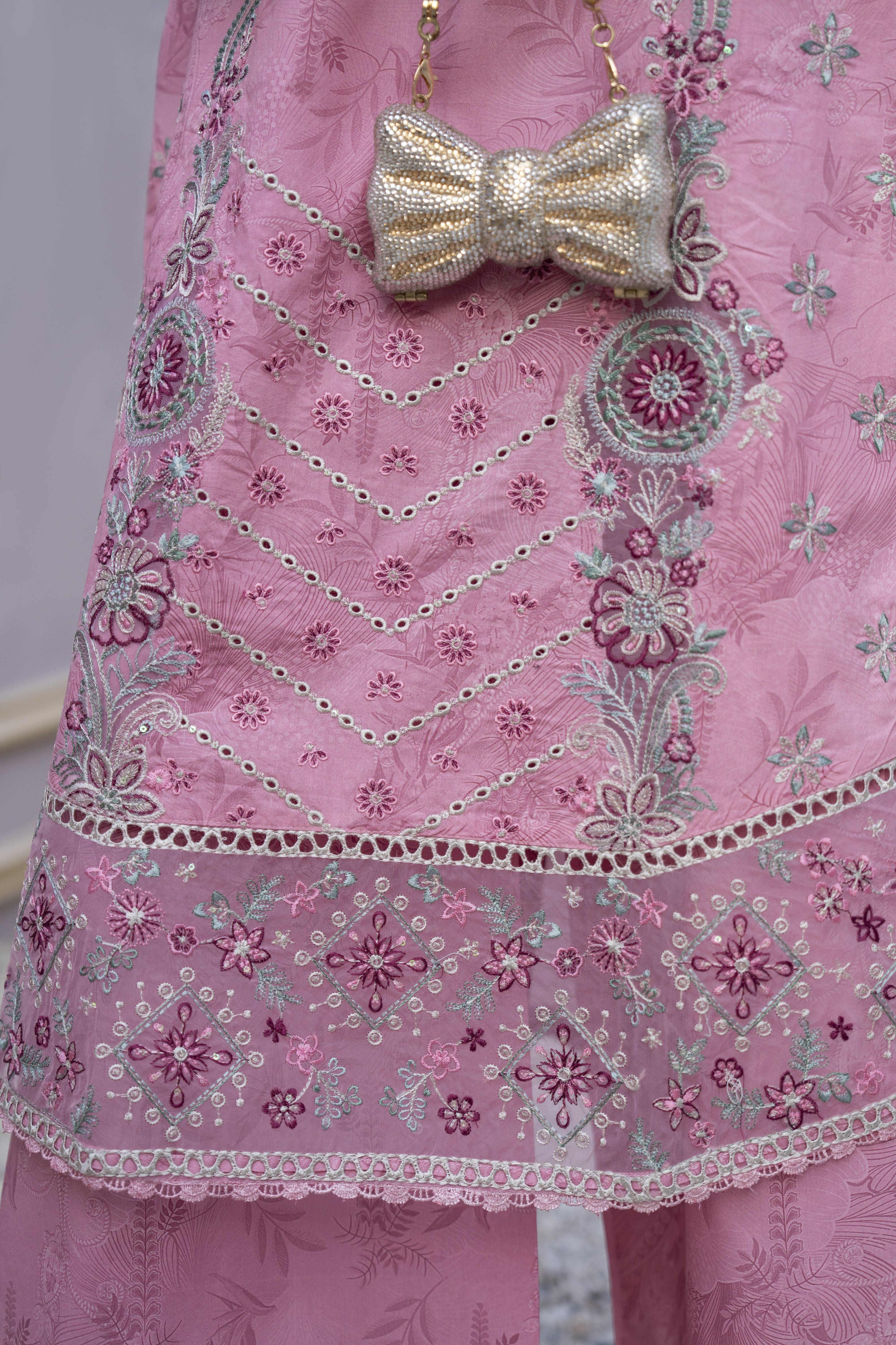 Khushi by Silver Pink – 3pc Embroidered Cotton Long Shirt Ready to Wear Suit KBS8