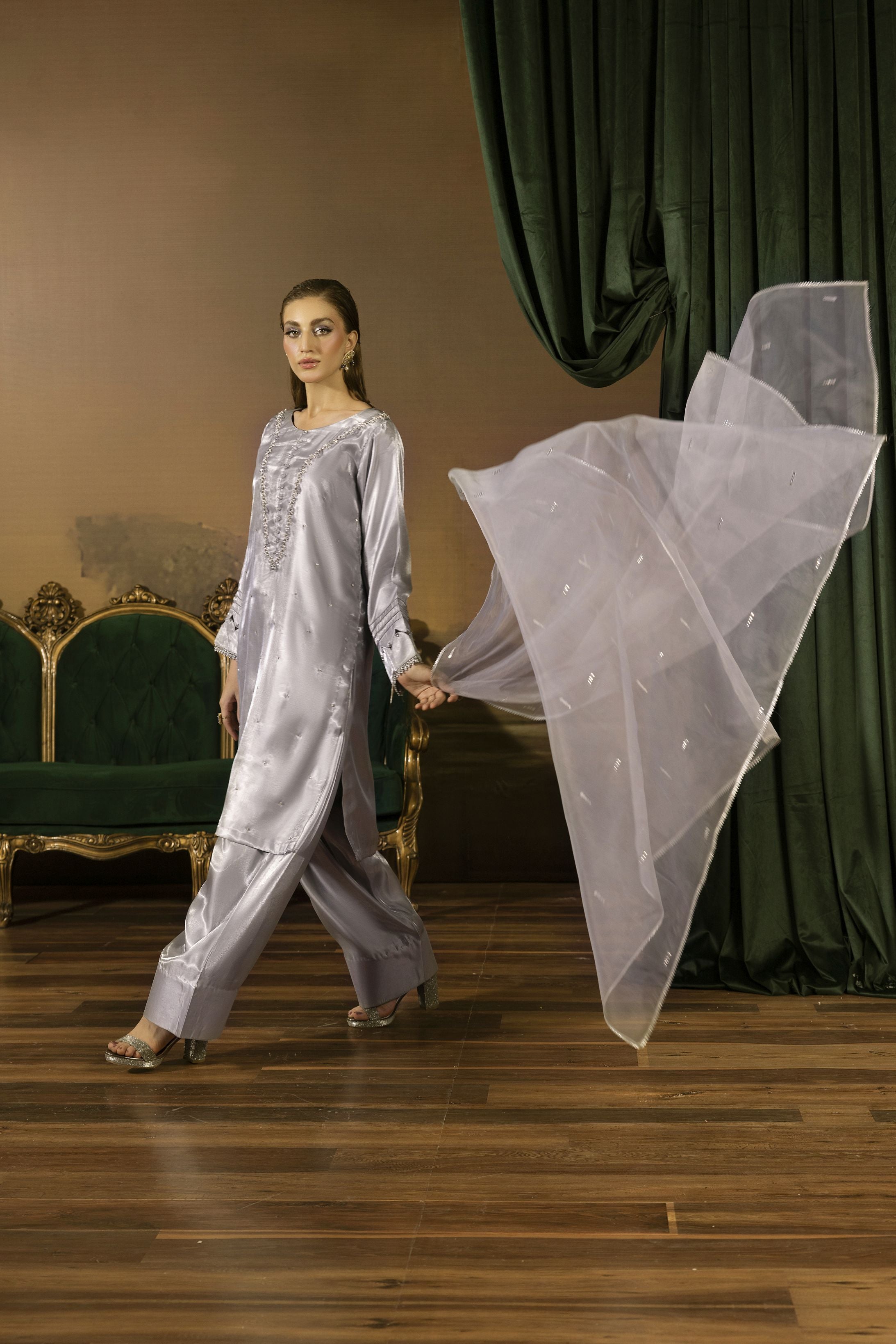 Silver Grey Embellished Silk Farshi Shalwar Suit - Farshi Bahaar by Mona FBM4