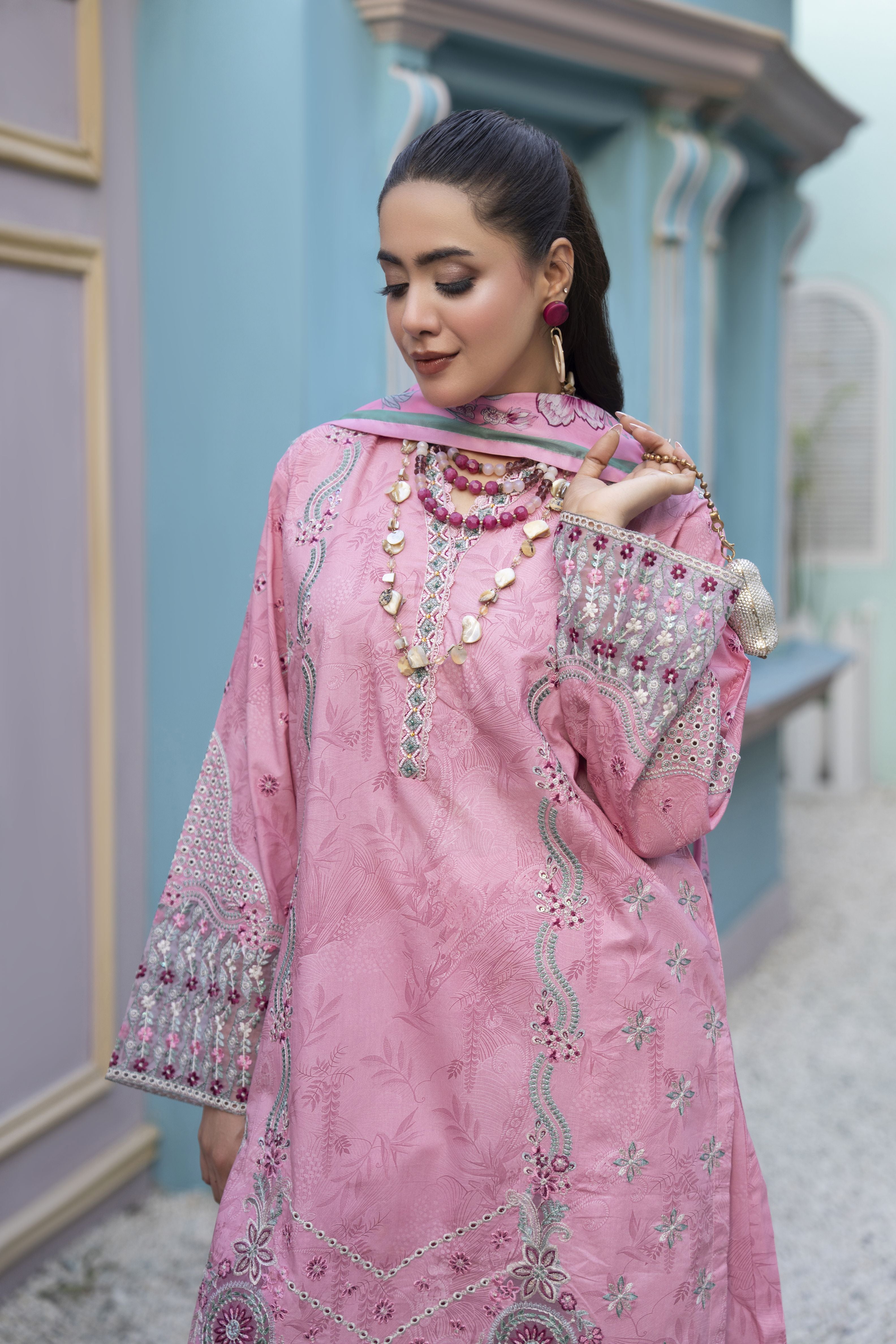 Khushi by Silver Pink – 3pc Embroidered Cotton Long Shirt Ready to Wear Suit KBS8