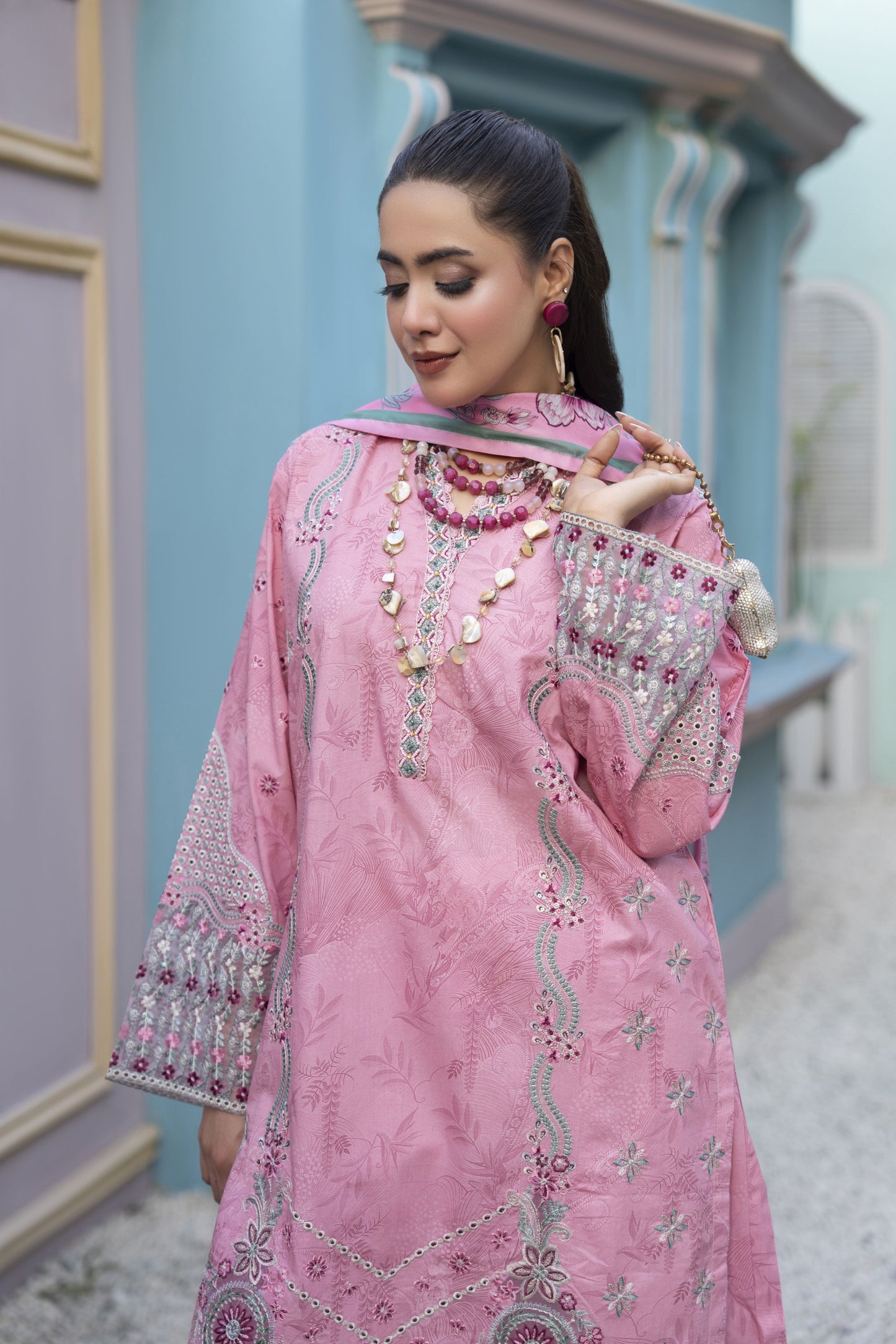 Khushi by Silver Pink – 3pc Embroidered Cotton Long Shirt Ready to Wear Suit KBS8