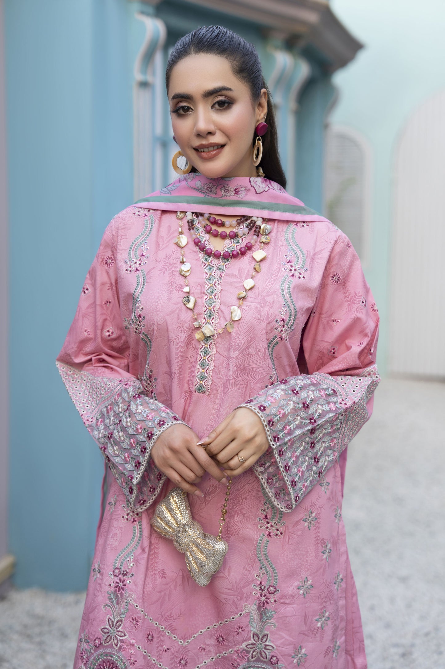 Khushi by Silver Pink – 3pc Embroidered Cotton Long Shirt Ready to Wear Suit KBS8