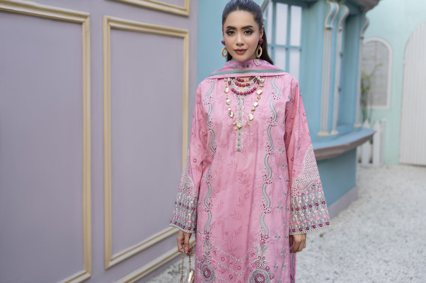 Khushi by Silver Pink – 3pc Embroidered Cotton Long Shirt Ready to Wear Suit KBS8