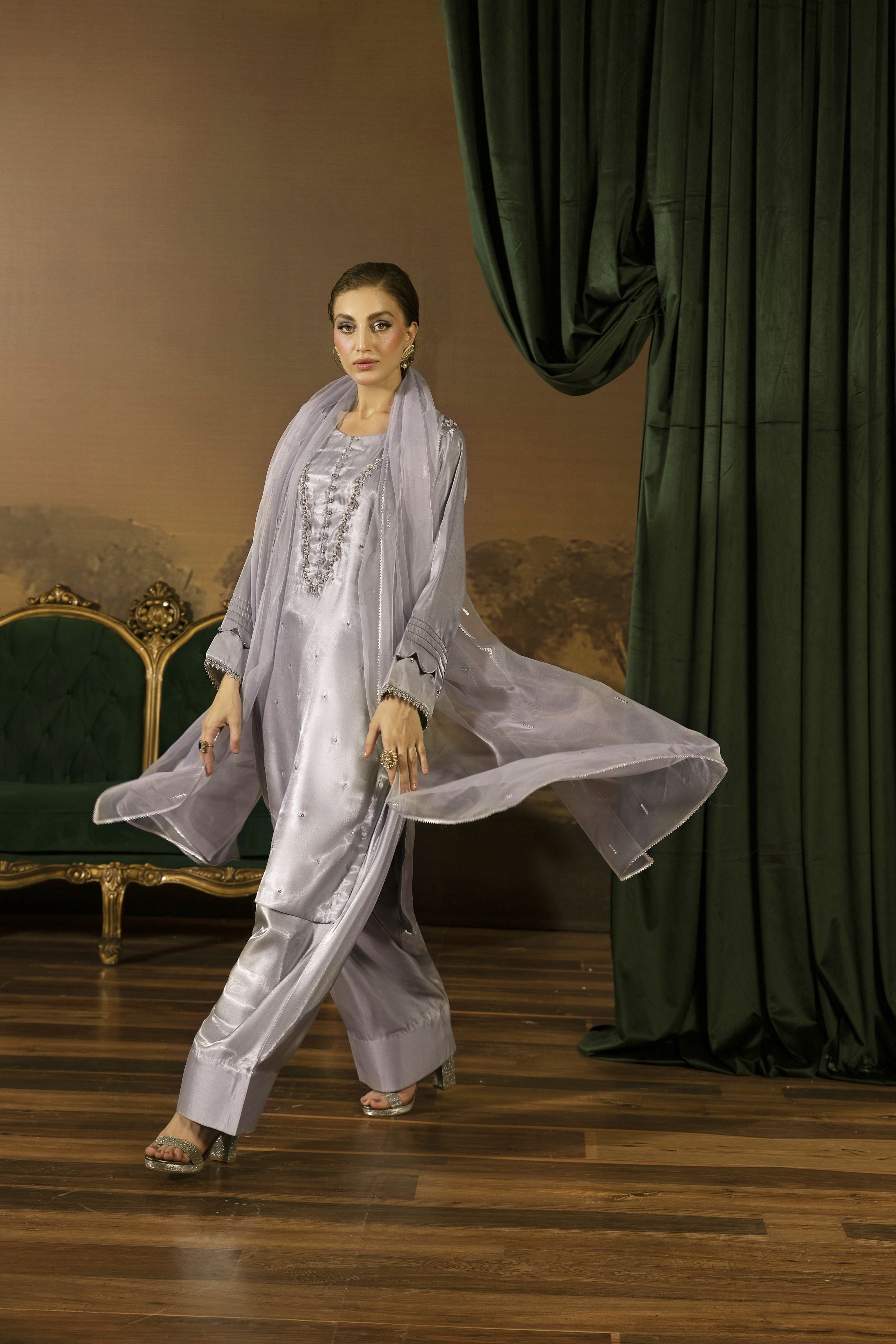 Silver Grey Embellished Silk Farshi Shalwar Suit - Farshi Bahaar by Mona FBM4