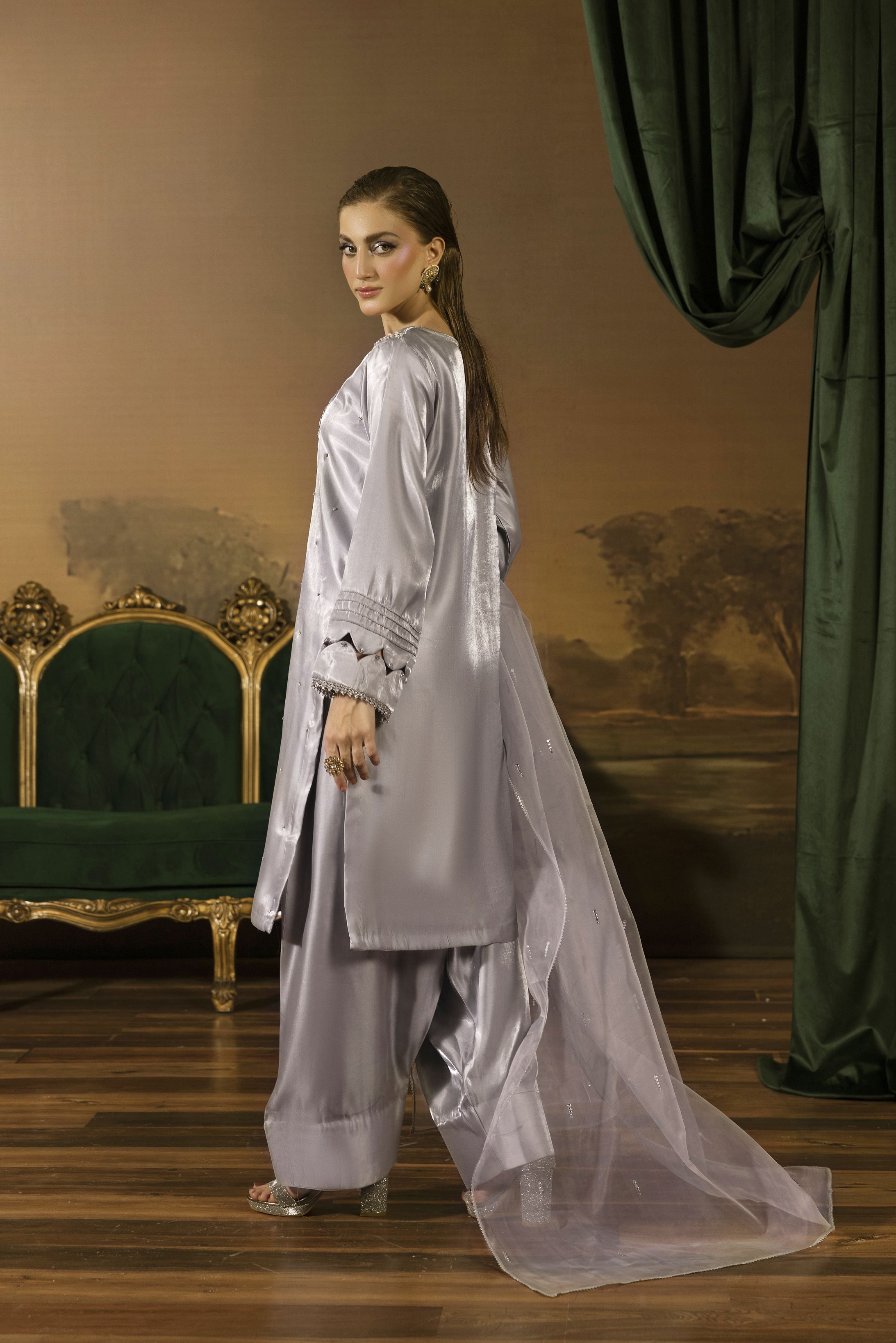 Silver Grey Embellished Silk Farshi Shalwar Suit - Farshi Bahaar by Mona FBM4
