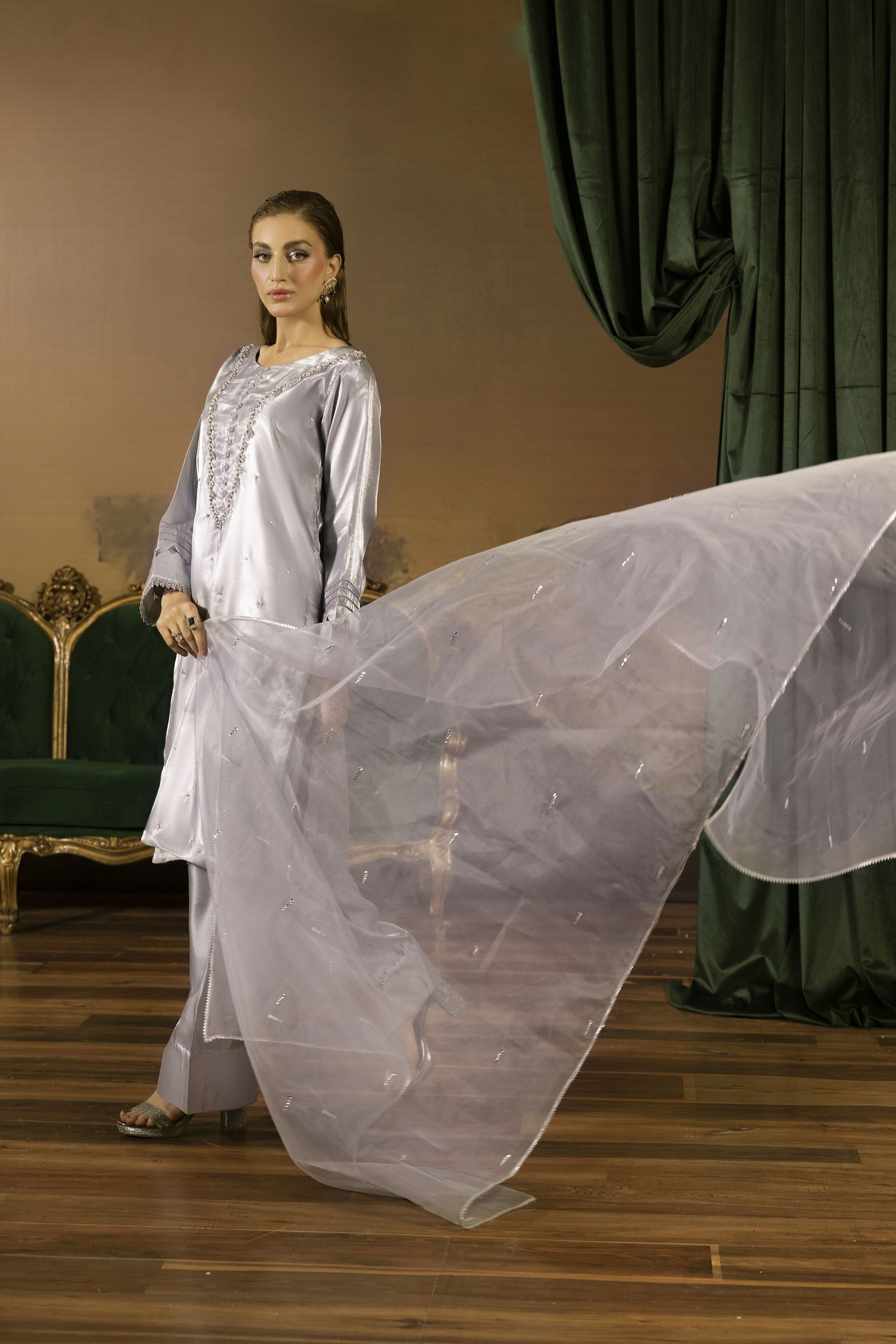 Silver Grey Embellished Silk Farshi Shalwar Suit - Farshi Bahaar by Mona FBM4