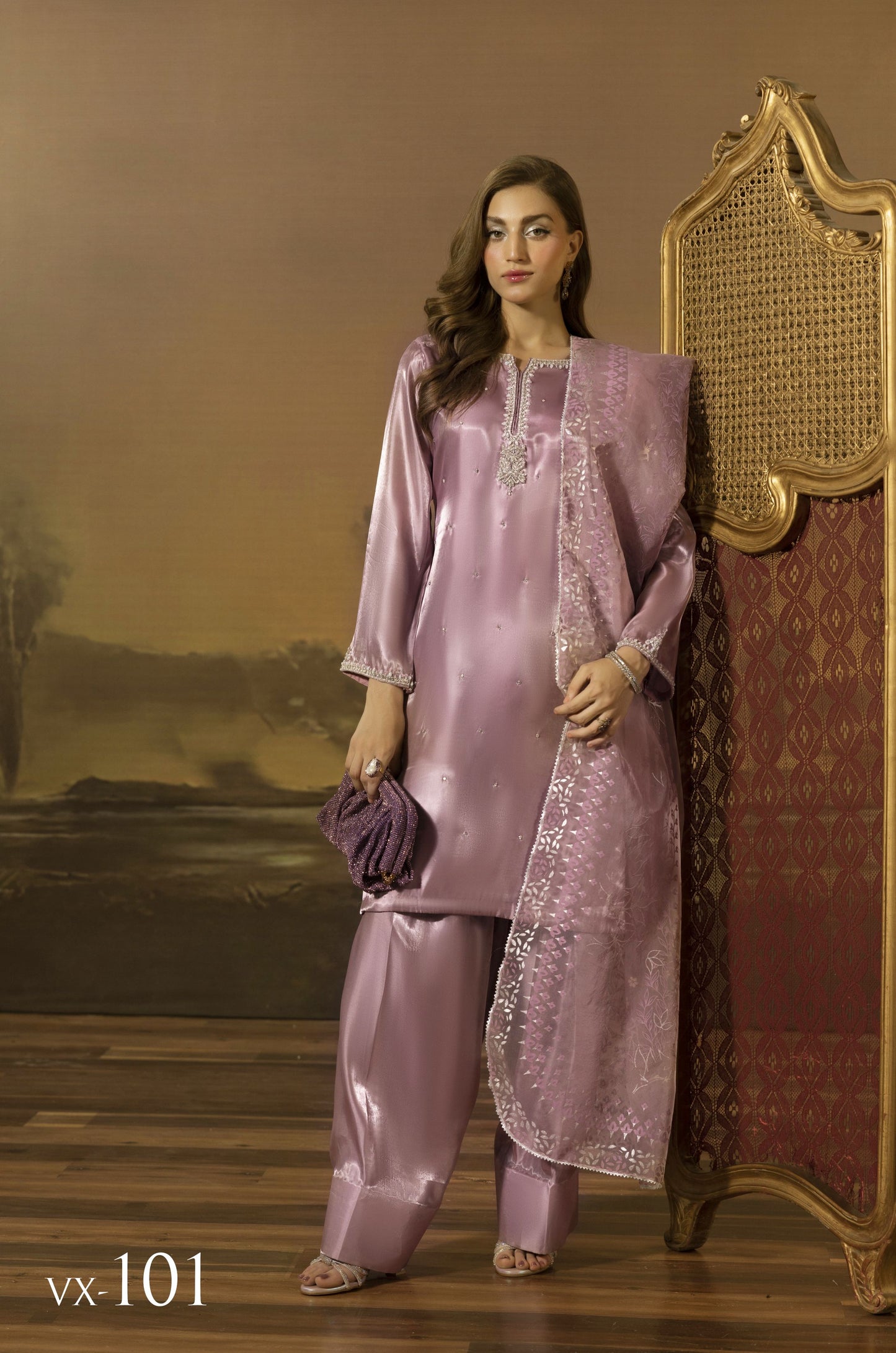 Lilac Crystal Chainwork Silk Farshi Shalwar Set - Farshi Bahaar by Mona FBM2