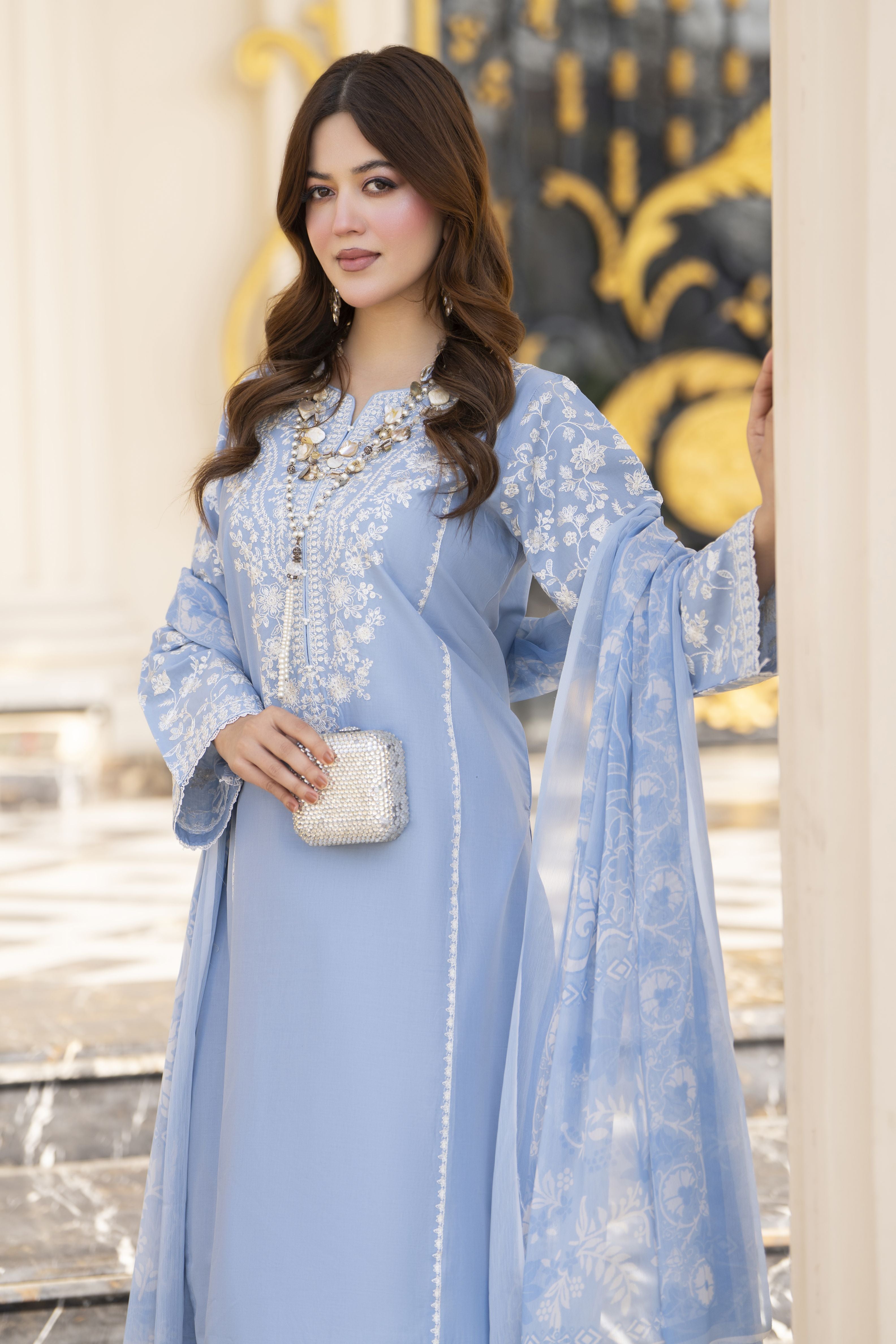 Khushi by Silver Sky Blue – 3pc Cotton Suit with Farshi Shalwar KBS10