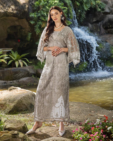Starstruck by Ain – Silver Net Embroidered 3pc Dress with Shimmer Inner SBA7