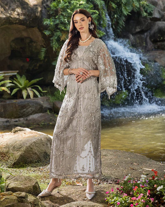 Starstruck by Ain – Silver Net Embroidered 3pc Dress with Shimmer Inner SBA7