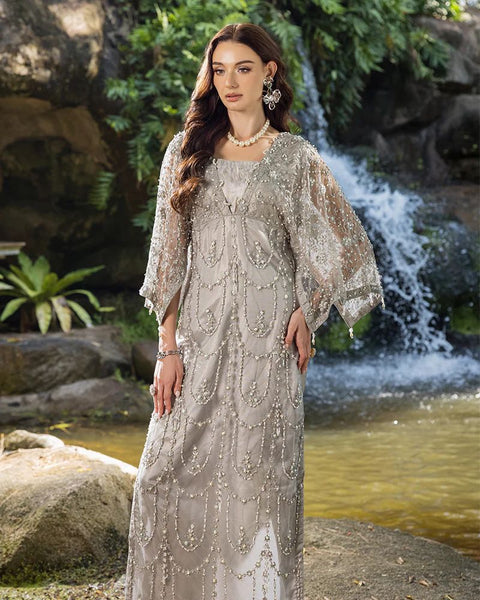 Starstruck by Ain – Silver Net Embroidered 3pc Dress with Shimmer Inner SBA7