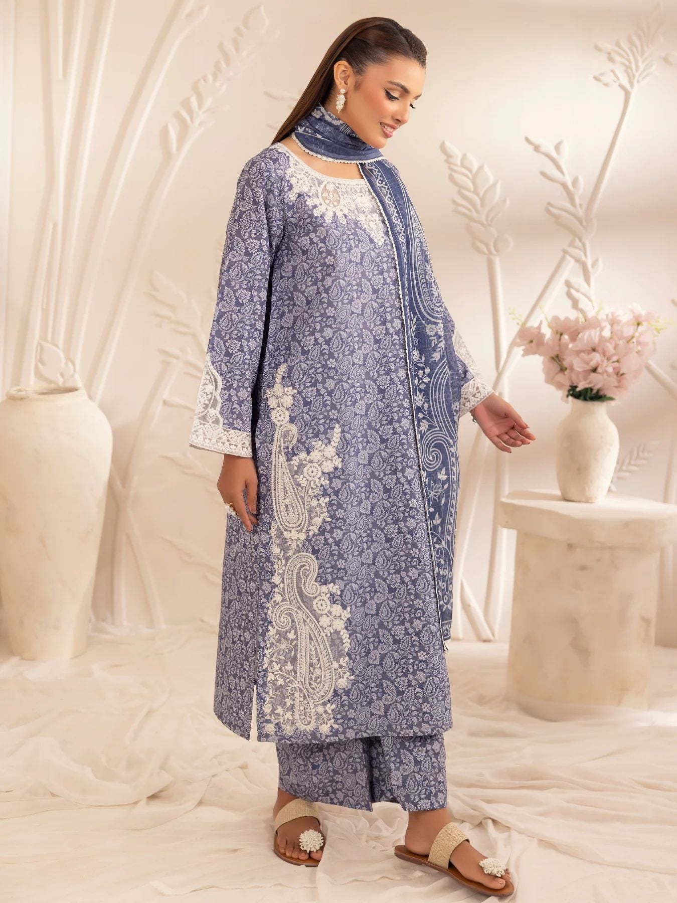 Muse08 – Blue Blossom | 3pc Embroidered Silk Lawn Suit with Zari Monar Dupatta by Mohagni