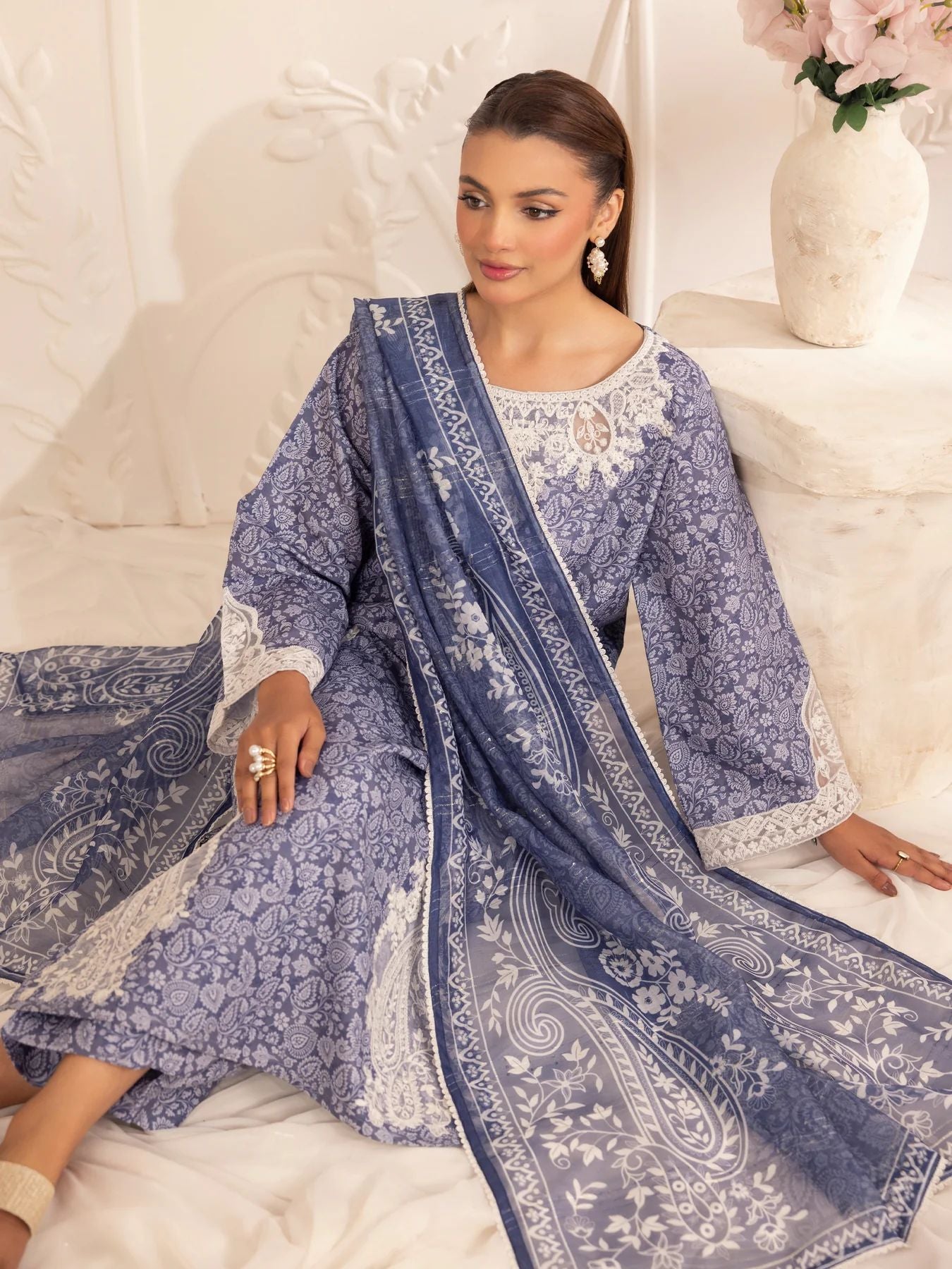 Muse08 – Blue Blossom | 3pc Embroidered Silk Lawn Suit with Zari Monar Dupatta by Mohagni