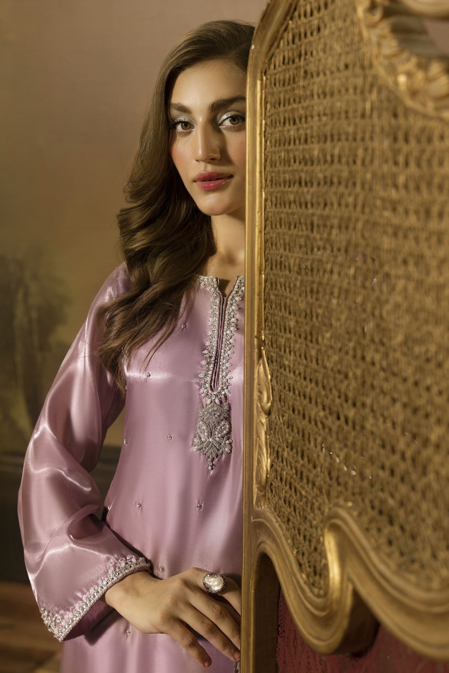 Lilac Crystal Chainwork Silk Farshi Shalwar Set - Farshi Bahaar by Mona FBM2