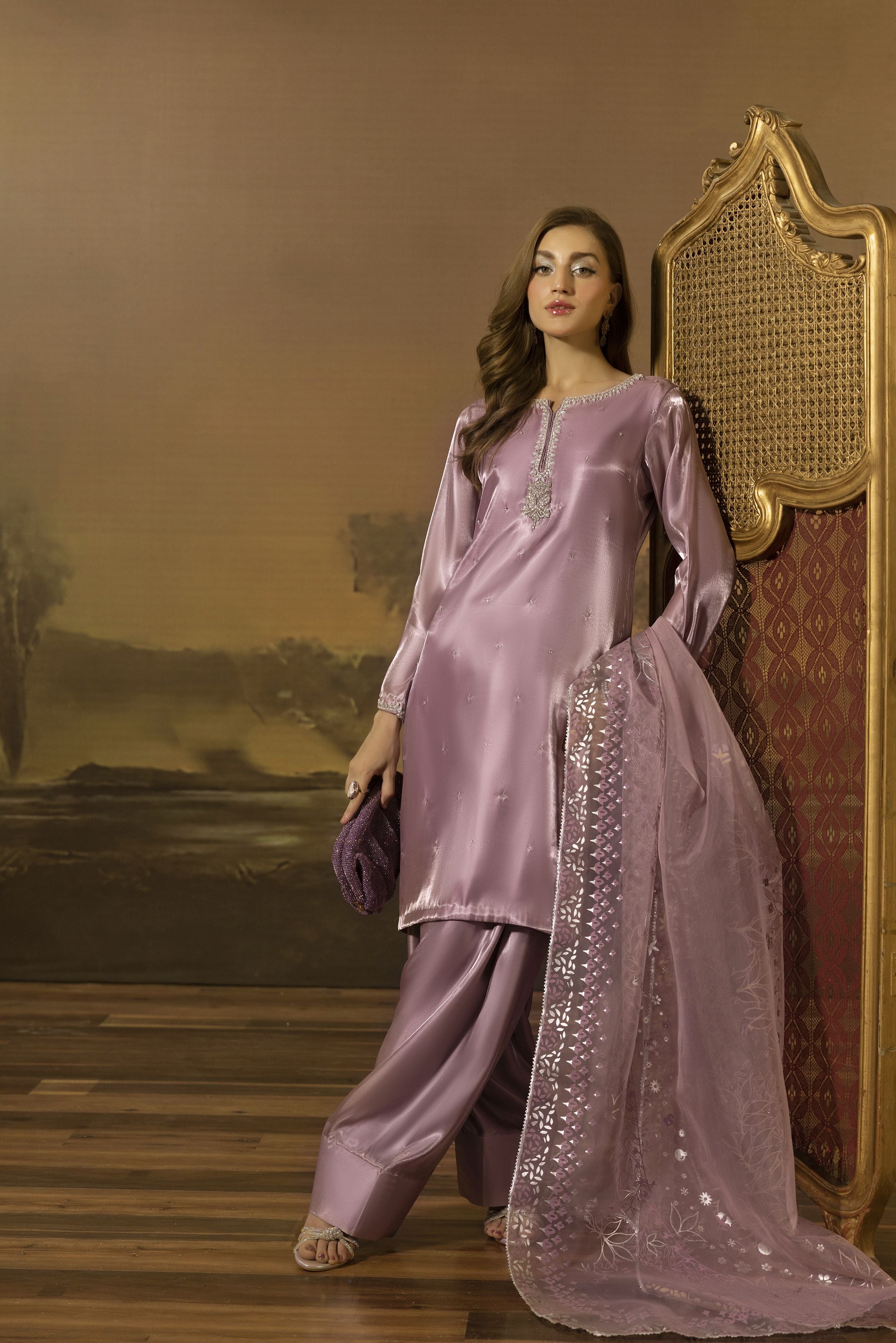 Lilac Crystal Chainwork Silk Farshi Shalwar Set - Farshi Bahaar by Mona FBM2