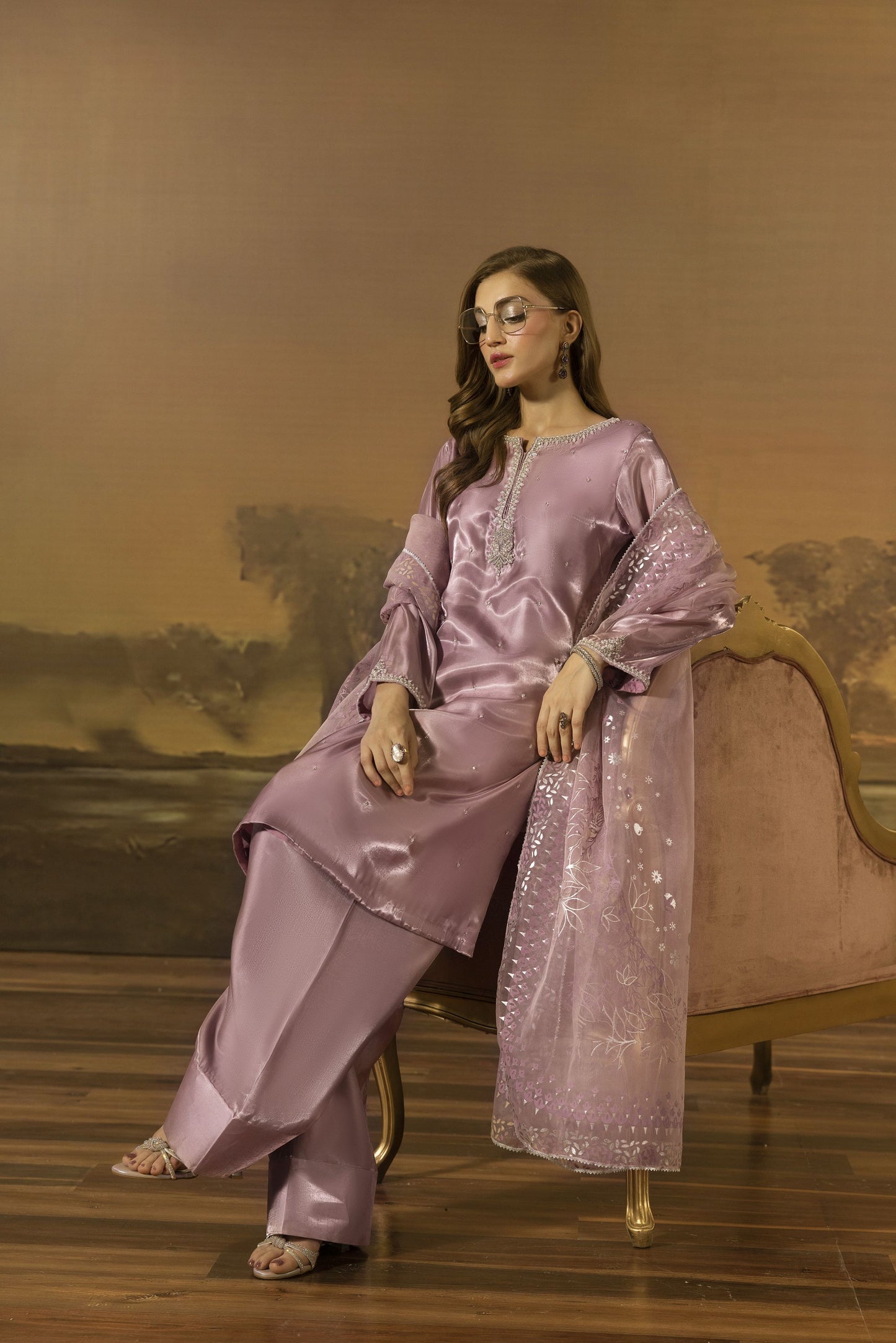 Lilac Crystal Chainwork Silk Farshi Shalwar Set - Farshi Bahaar by Mona FBM2